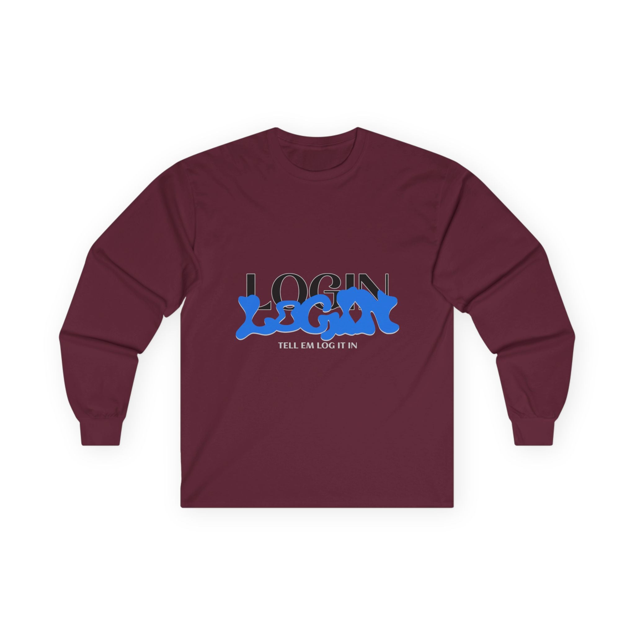 Long Sleeve Tee — "Login" Blue Script Graphic