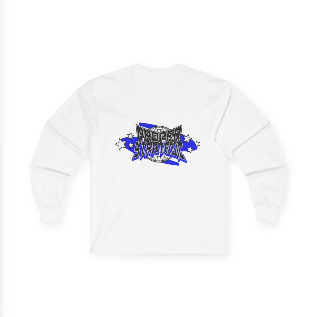 Proper Strategic Long Sleeve Tee — Retro Blue Graphic Shirt for Gamers & Strategists