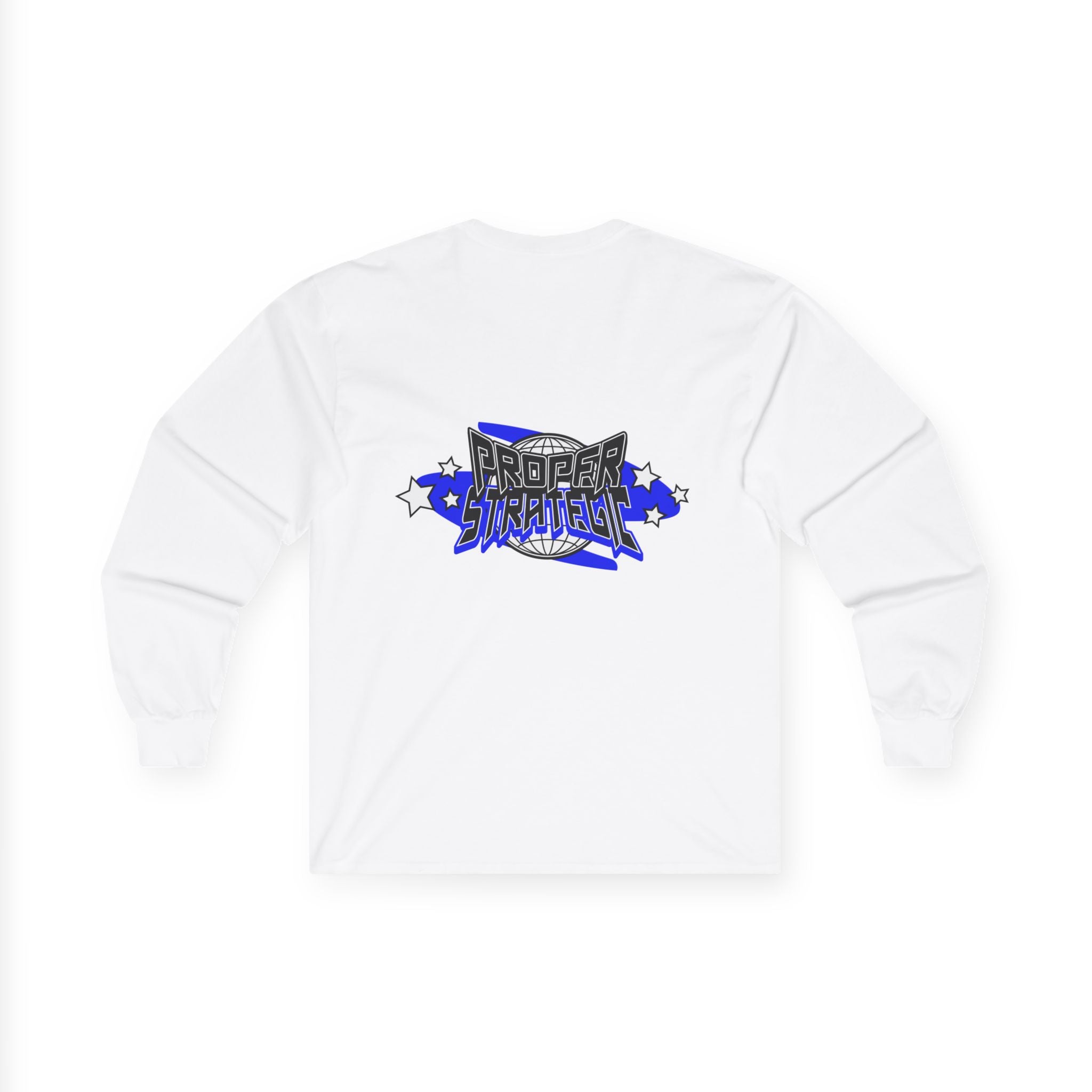 Proper Strategic Long Sleeve Tee — Retro Blue Graphic Shirt for Gamers & Strategists