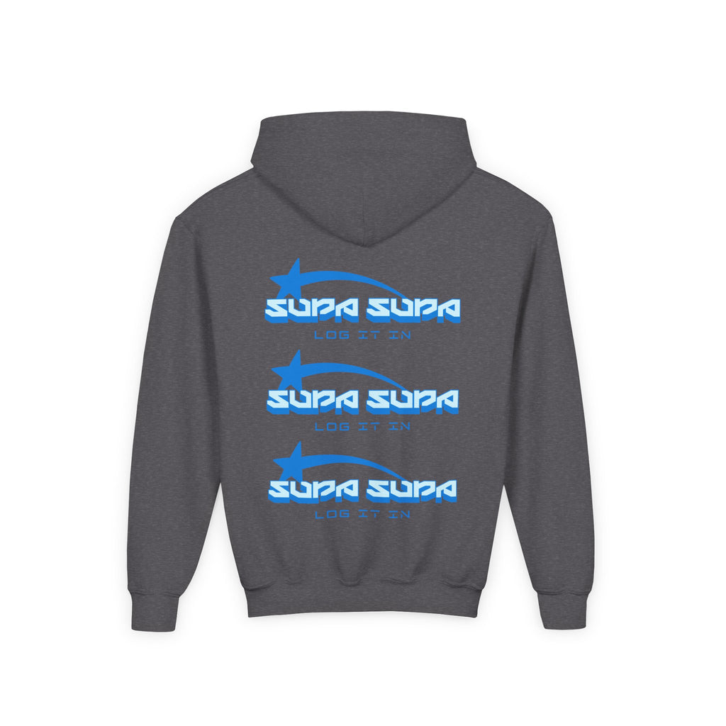 Youth Hoodie - Retro Blue "Supa Supa" Logo "Log It In" Graphic