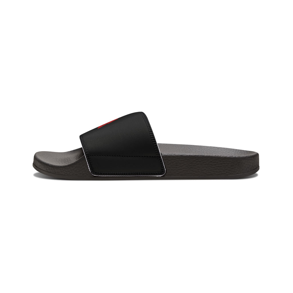 Women's Removable-Strap Sandals — Black Slide Sandals with "LOG IT OUT" Logo