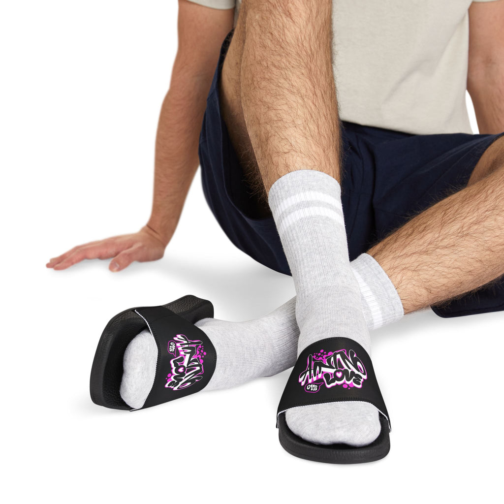 Men's Slide Sandals — Black Strap with NO LOVE Graffiti "Aint love design" Design