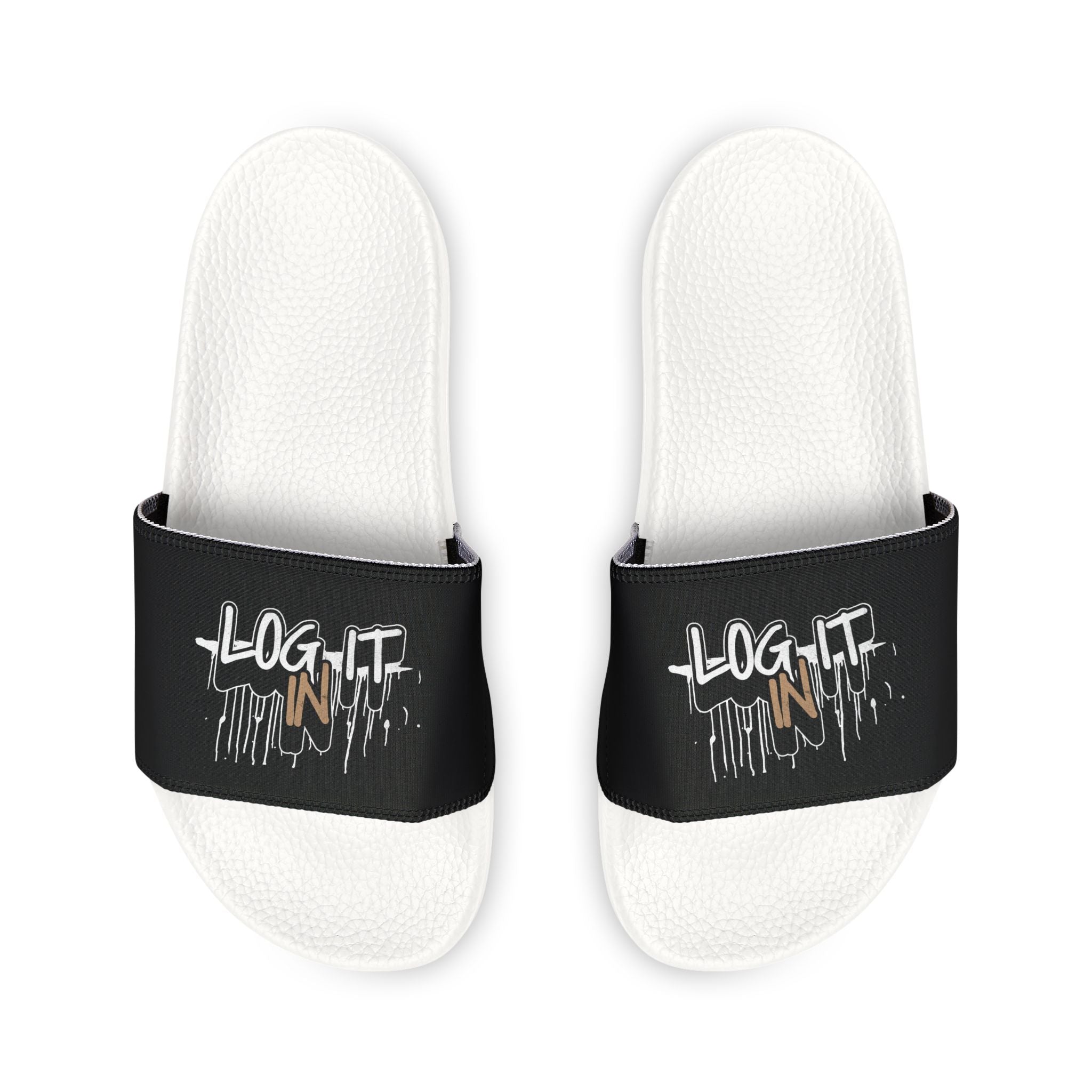 Men's Slide Sandals — Black Log it in-Print Casual Pool & Beach Slides