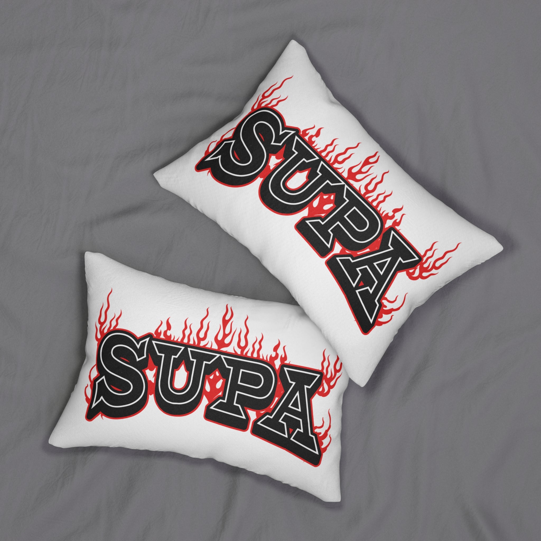 Supa Flame Lumbar Pillow — Retro Bold Typography & Red Flames