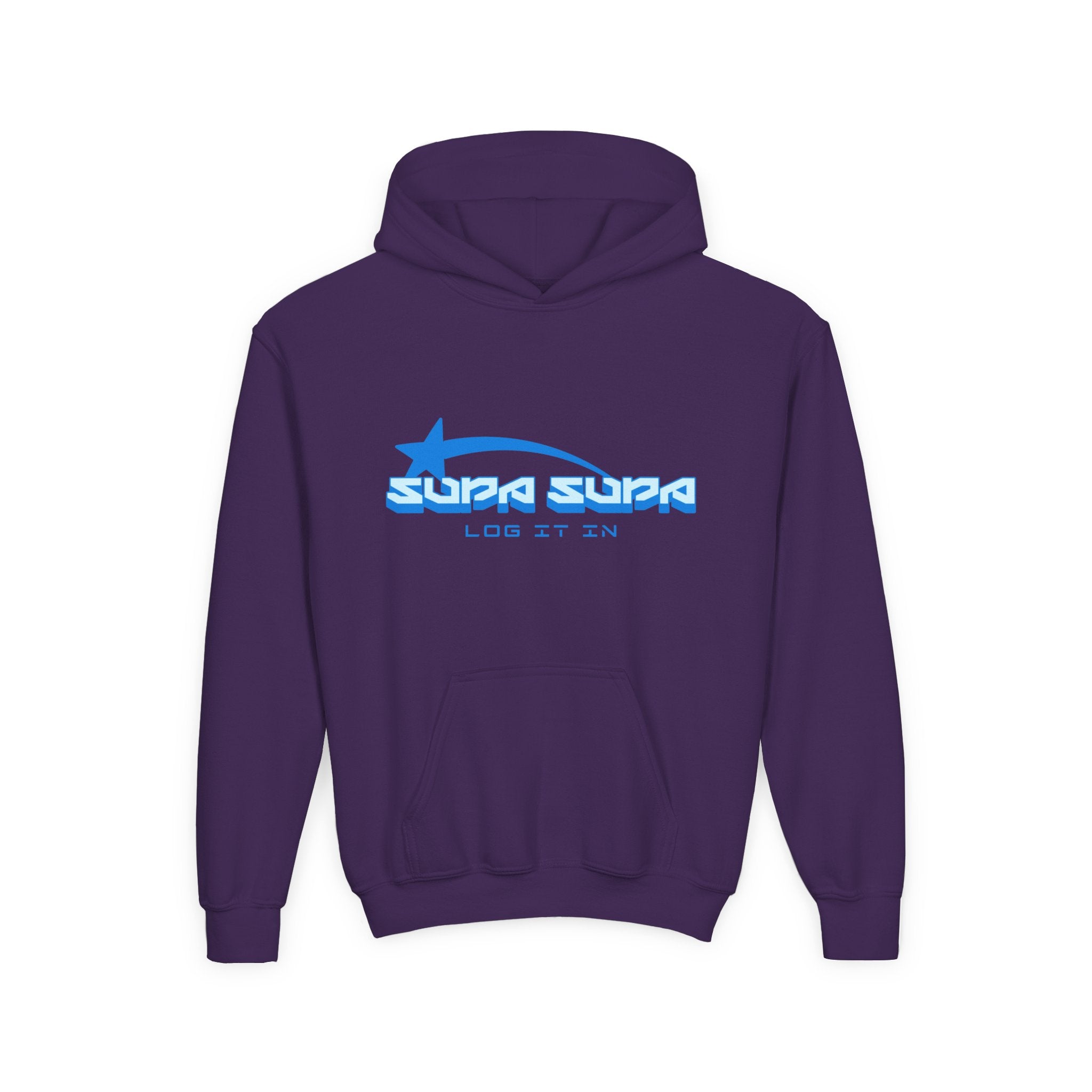 Youth Hoodie - Retro Blue "Supa Supa" Logo "Log It In" Graphic