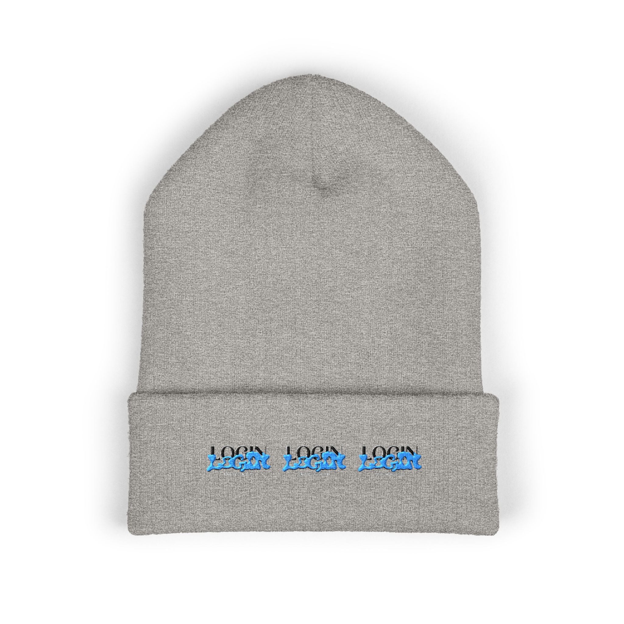 Embroidered 'Login' Cuffed Beanie — Minimal Winter Knit Hat