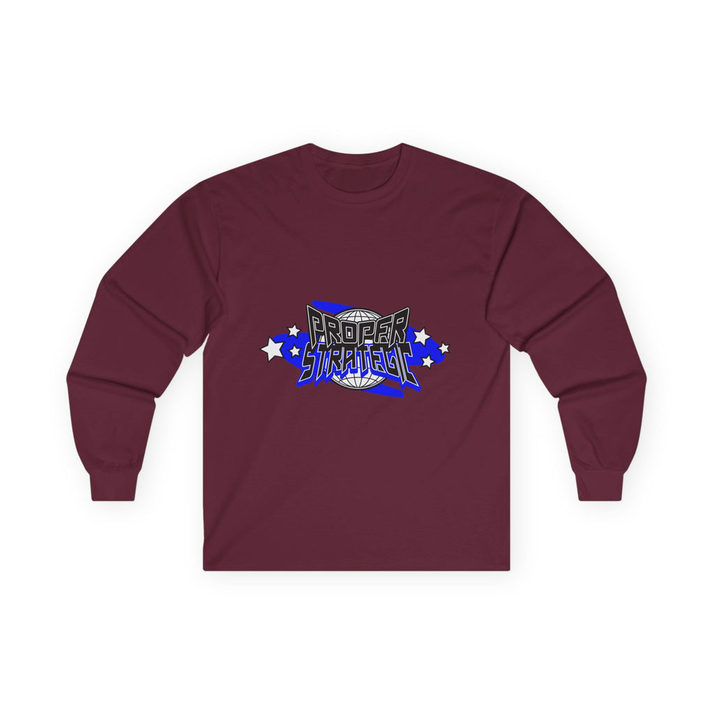 Proper Strategic Long Sleeve Tee — Retro Blue Graphic Shirt for Gamers & Strategists