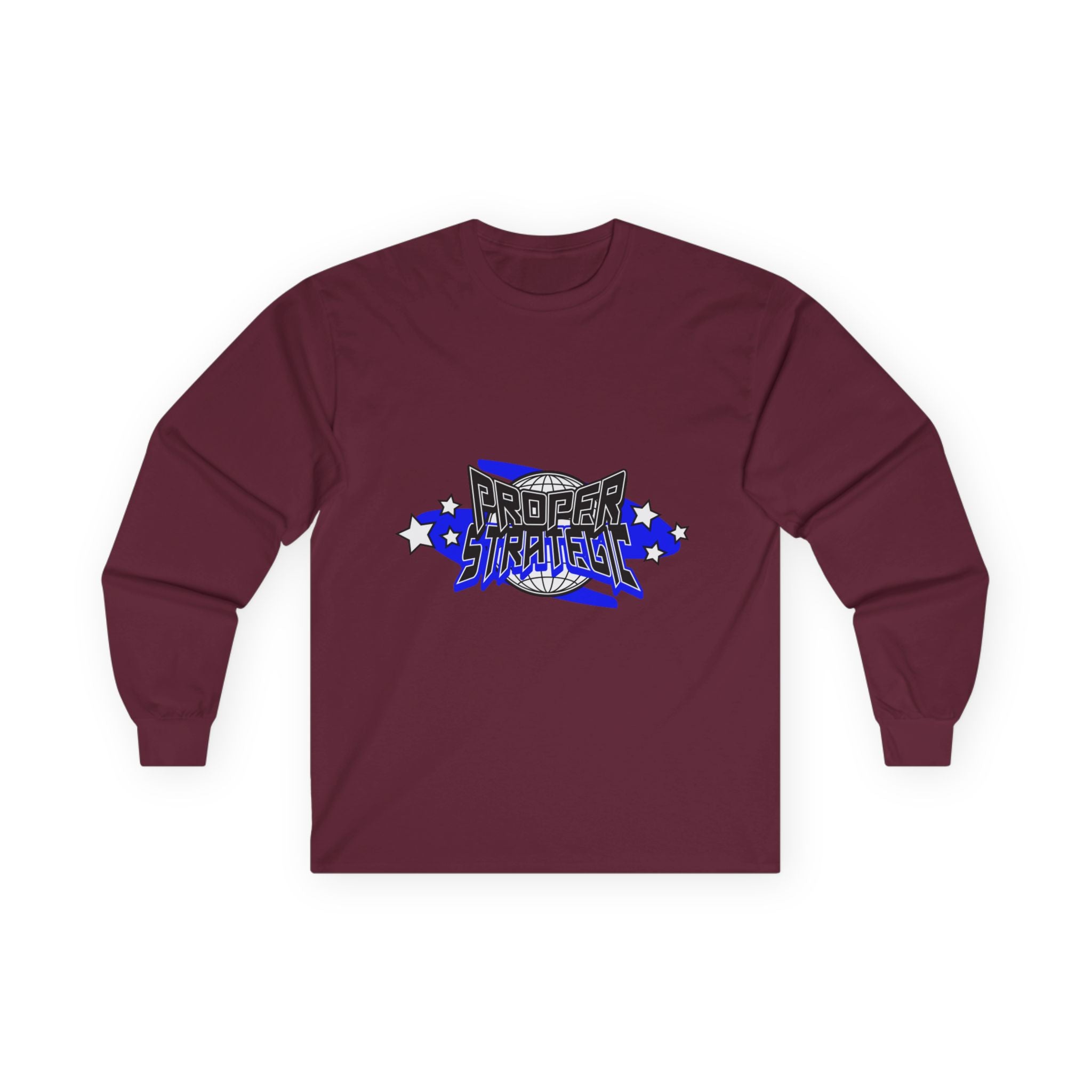 Proper Strategic Long Sleeve Tee — Retro Blue Graphic Shirt for Gamers & Strategists