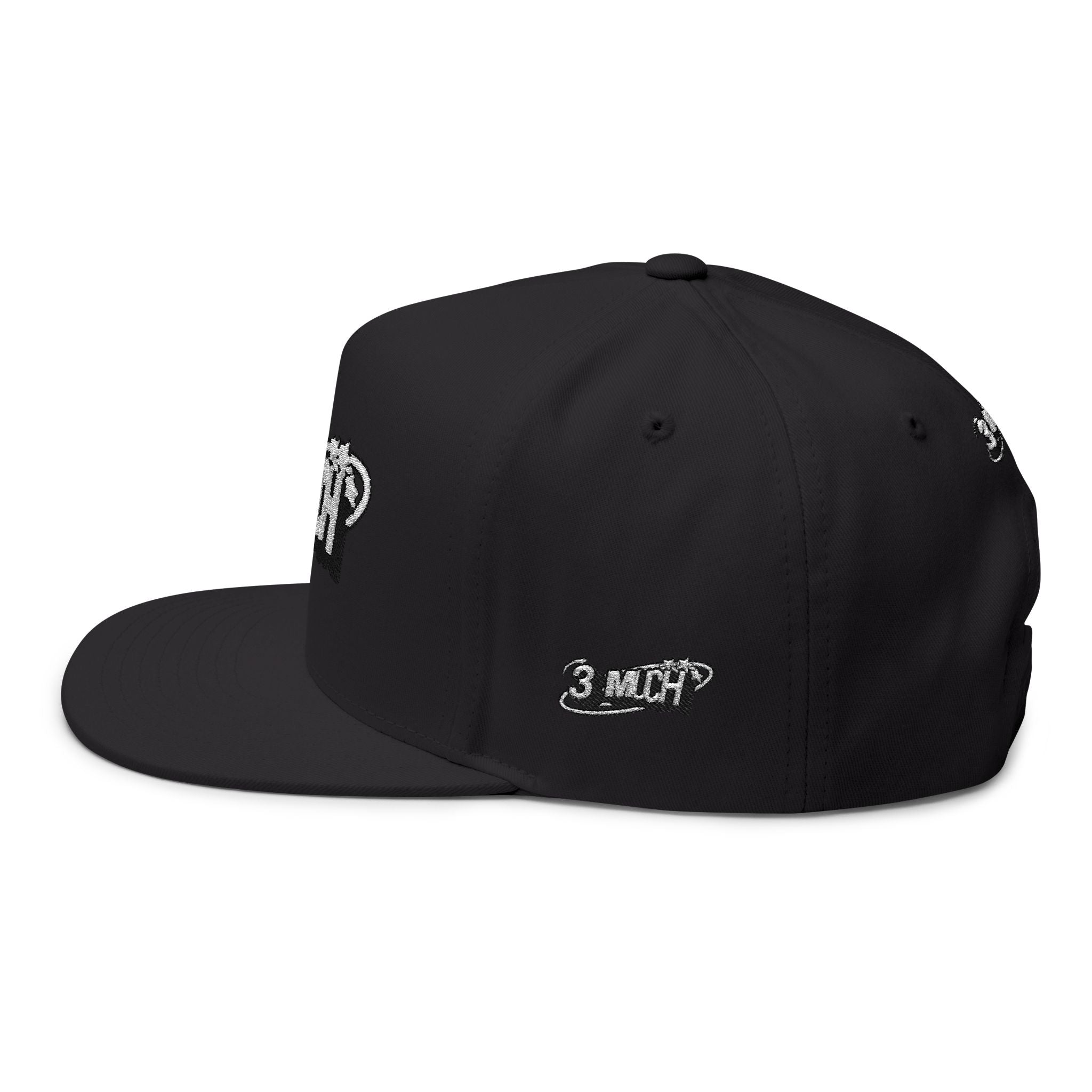 Embroidered Flat Bill Cap — 3 MuCH Retro Logo Snapback