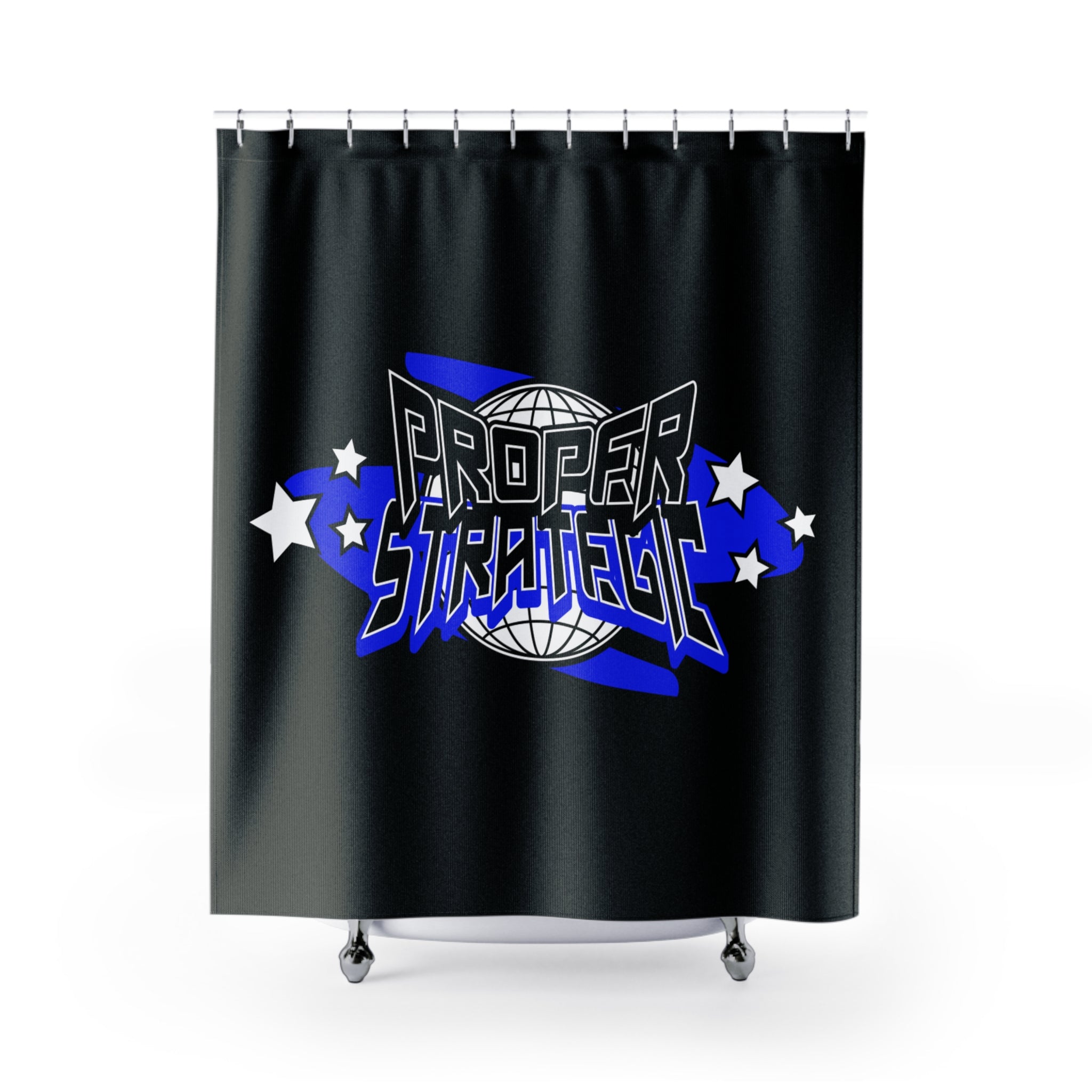 Proper Strategic Shower Curtain — Bold Retro Globe Graphic Bathroom Decor