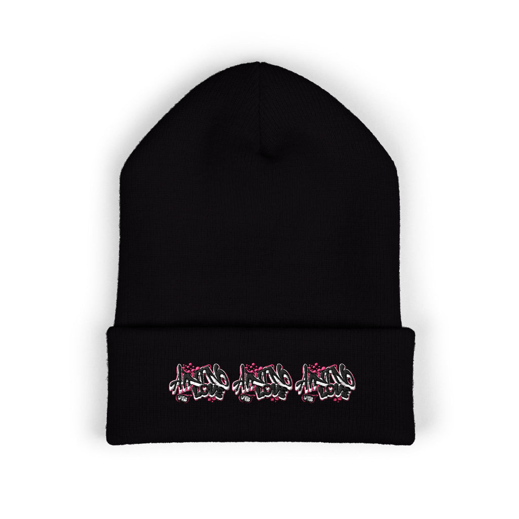 Embroidered Floral Beanie — "NO LOVE" Cuffed Knit Hat