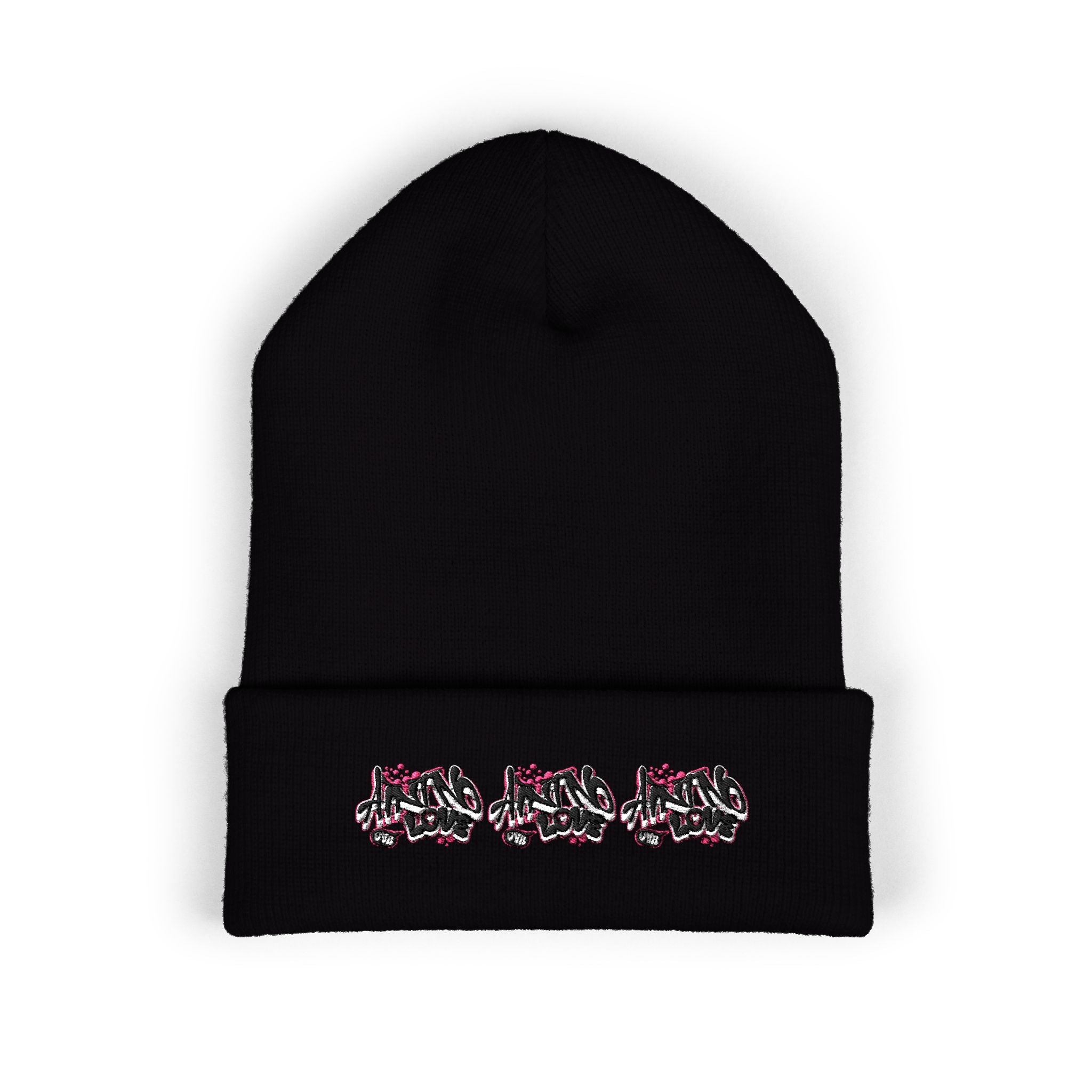 Embroidered Floral Beanie — "NO LOVE" Cuffed Knit Hat