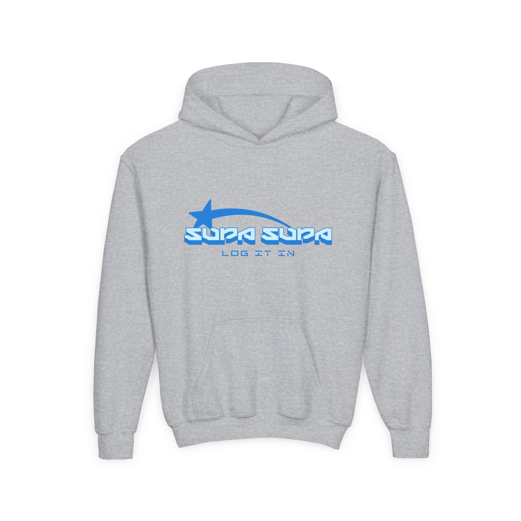 Youth Hoodie - Retro Blue "Supa Supa" Logo "Log It In" Graphic