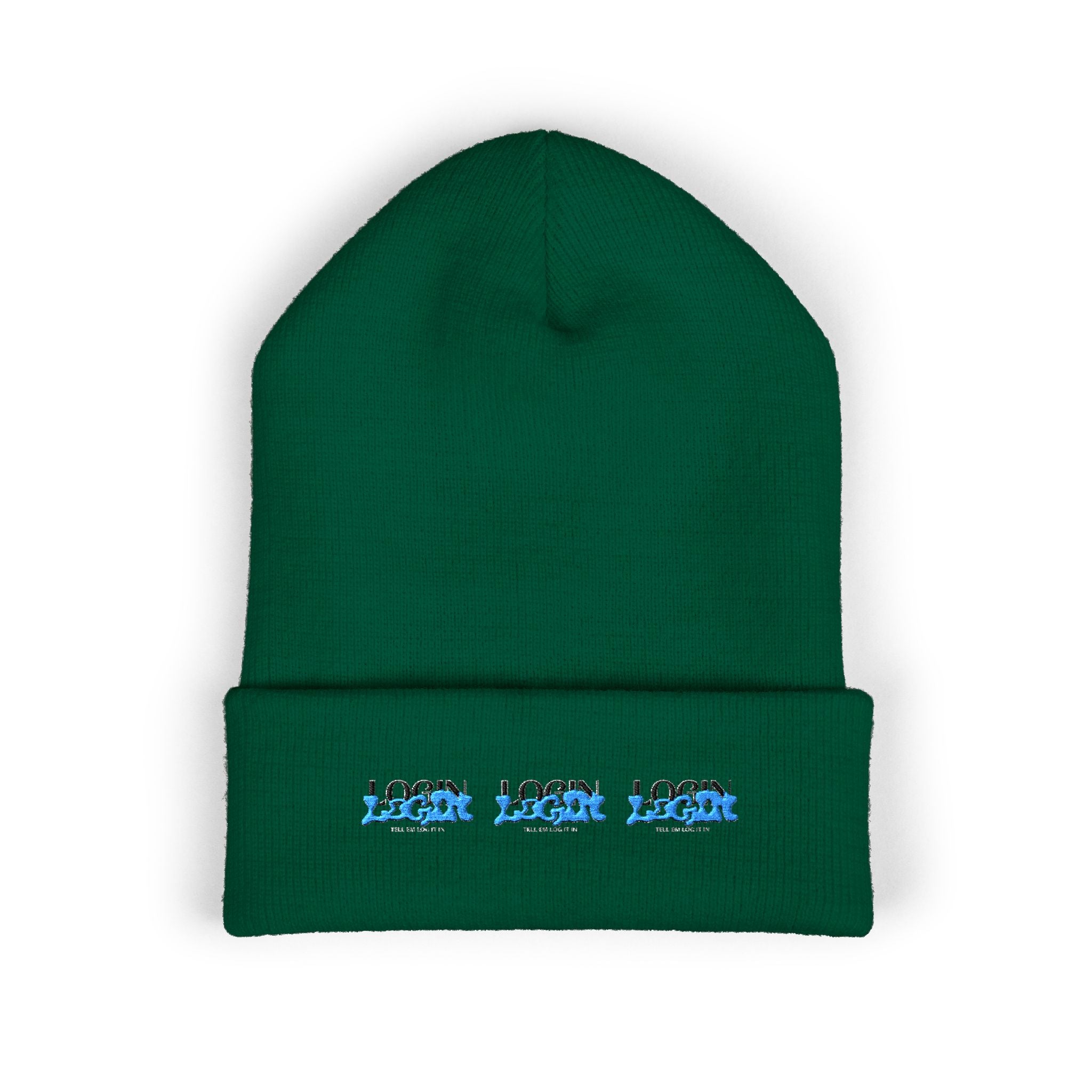 Embroidered 'Login' Cuffed Beanie — Minimal Winter Knit Hat