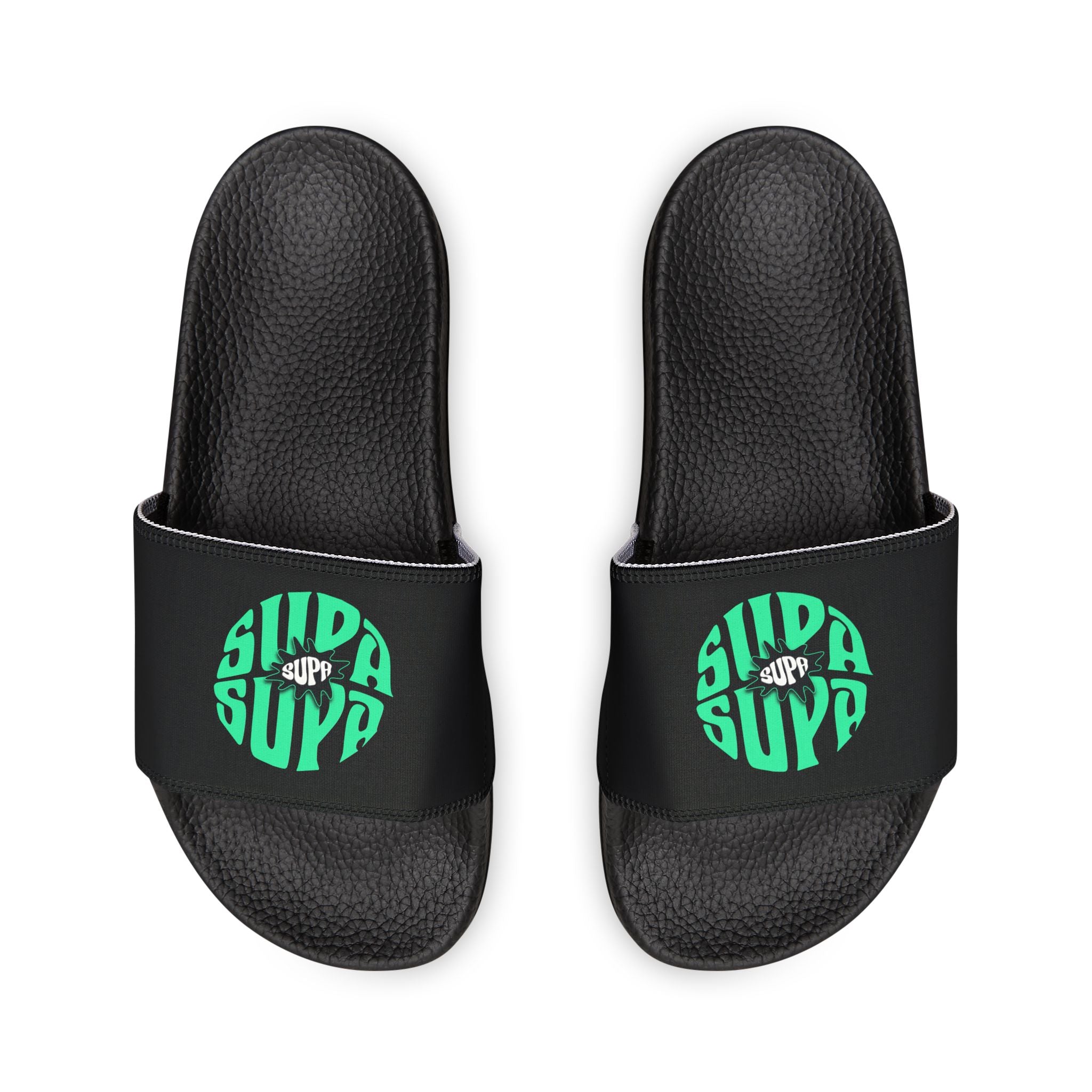 Slide Sandals — Supa Supa Removable‑Strap Slides with Aqua Circular 'Slides' Graphic