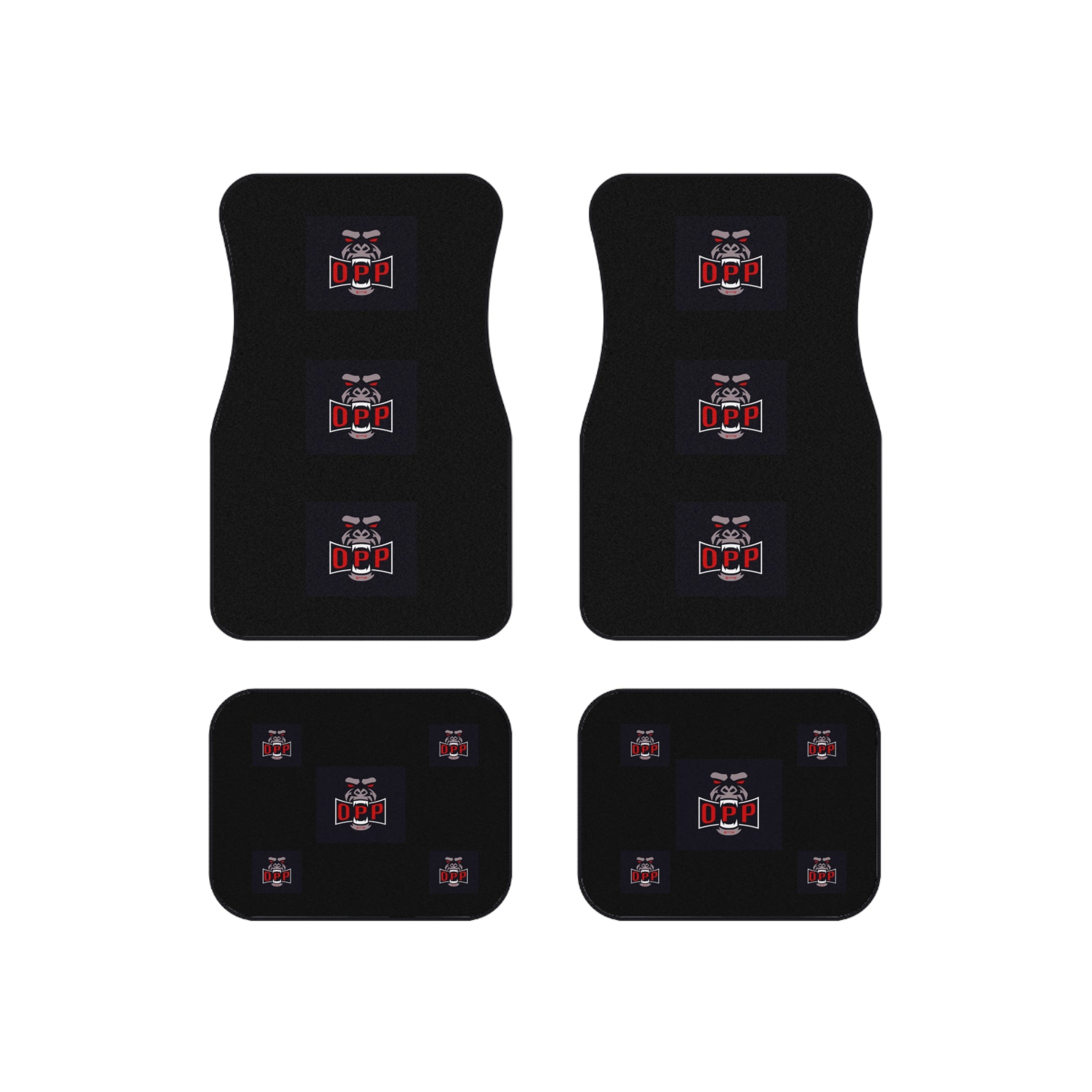 Car Mats (Set of 4) - Black "OPP" Logo Floor Liners with Repeated Badge Design