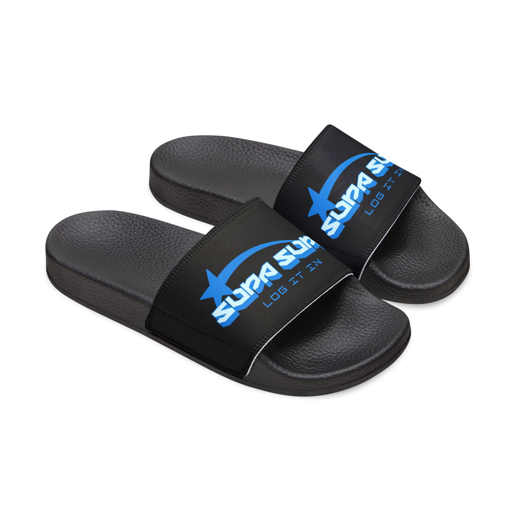 Youth Slide Sandals — Black Strap with Blue “SUPA SUPA” Logo