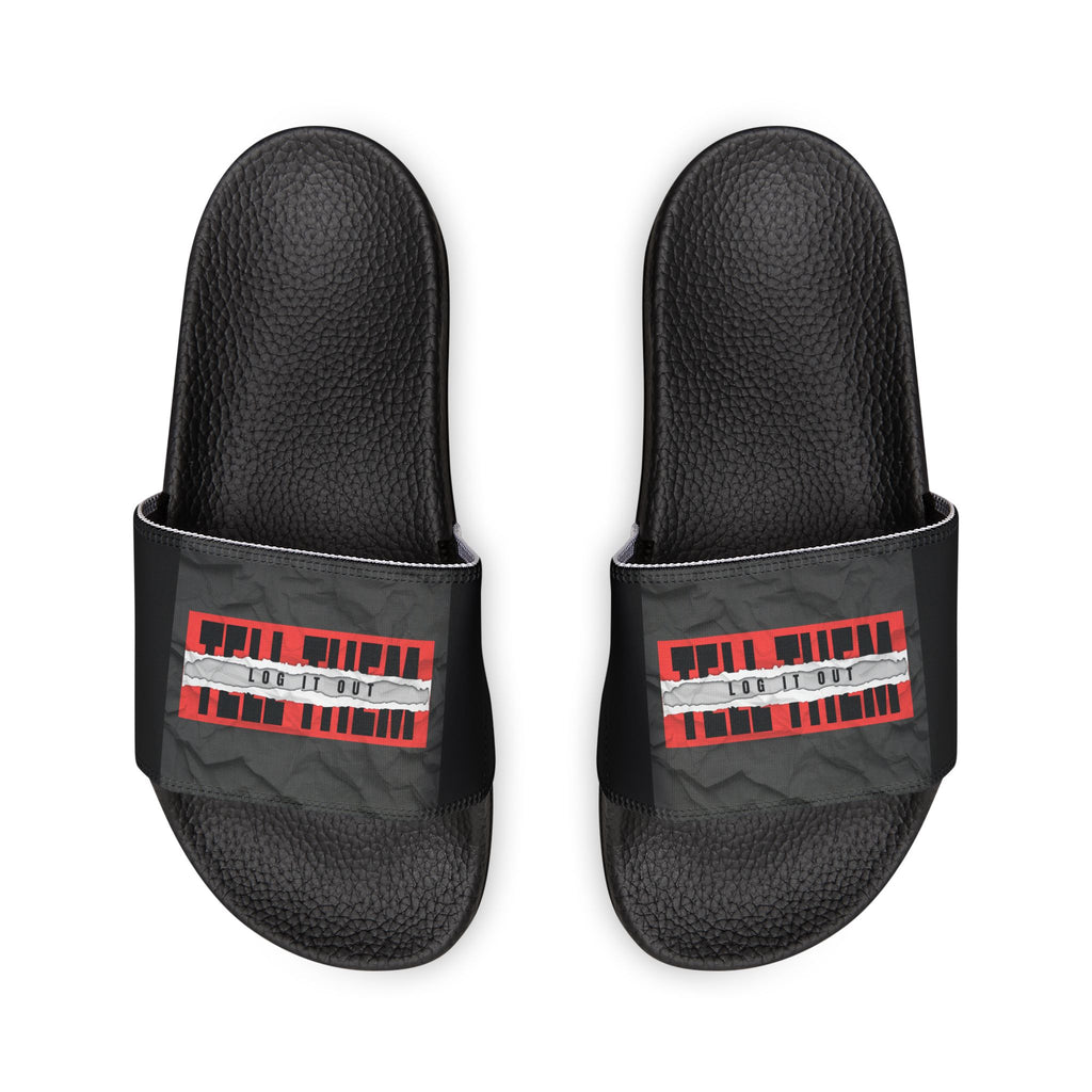 Men's Slide Sandals — "LOG IT OUT" Graphic Adjustable Strap Slides