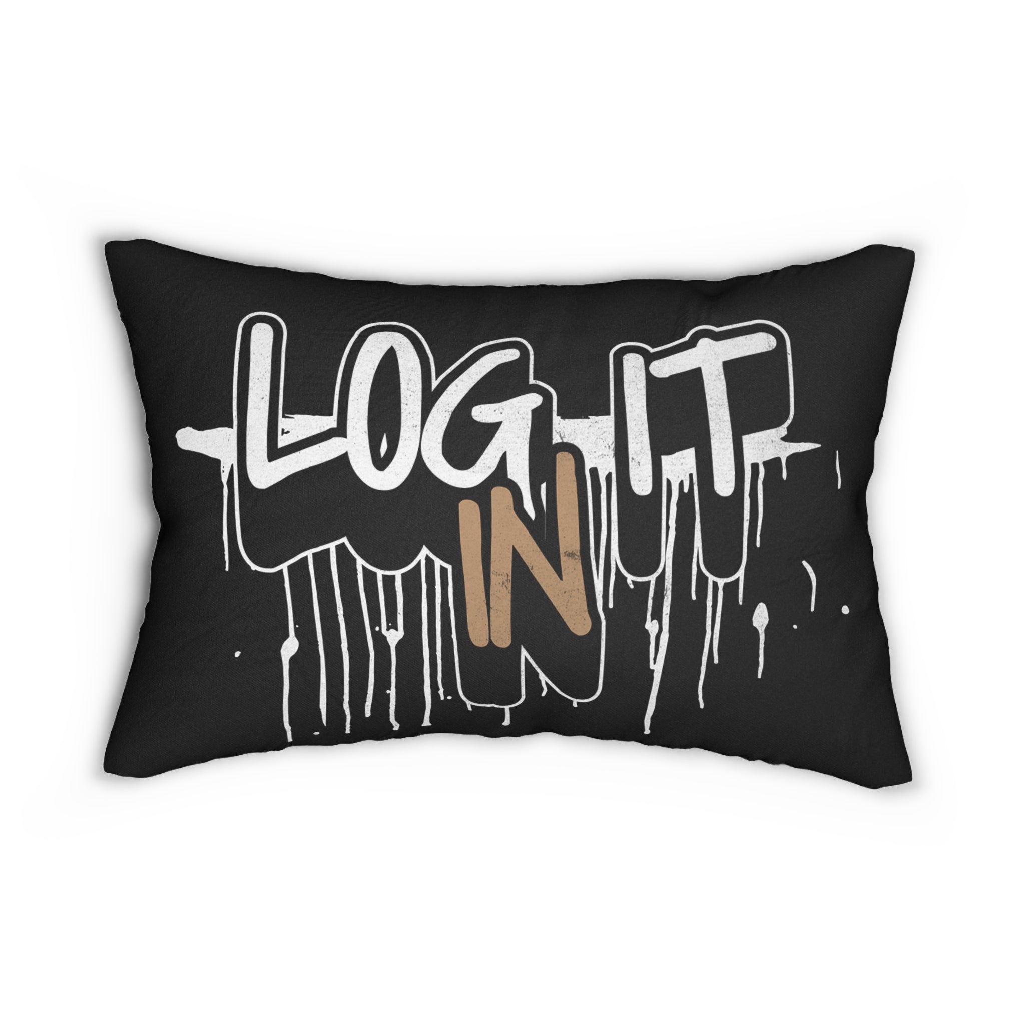Log It In Lumbar Pillow — Graffiti-Style Black Decorative Cushion