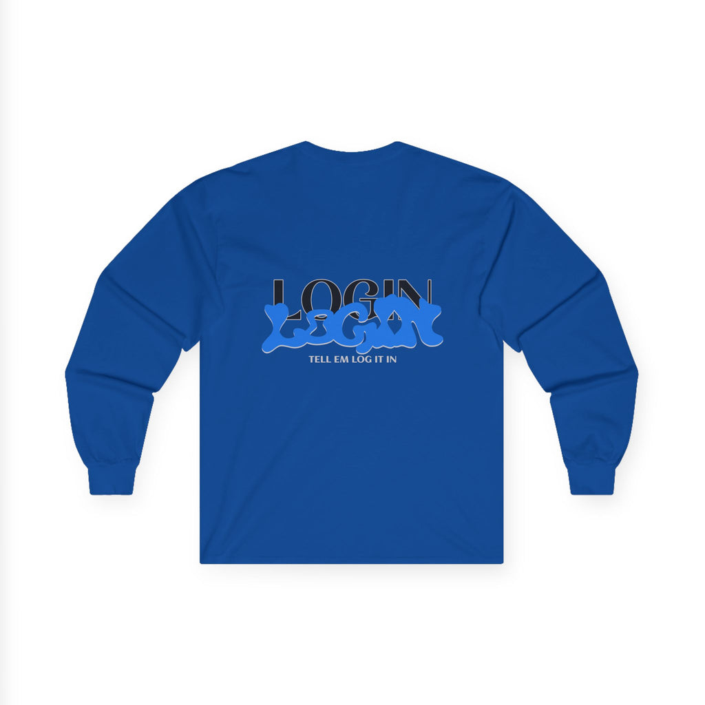 Long Sleeve Tee — "Login" Blue Script Graphic