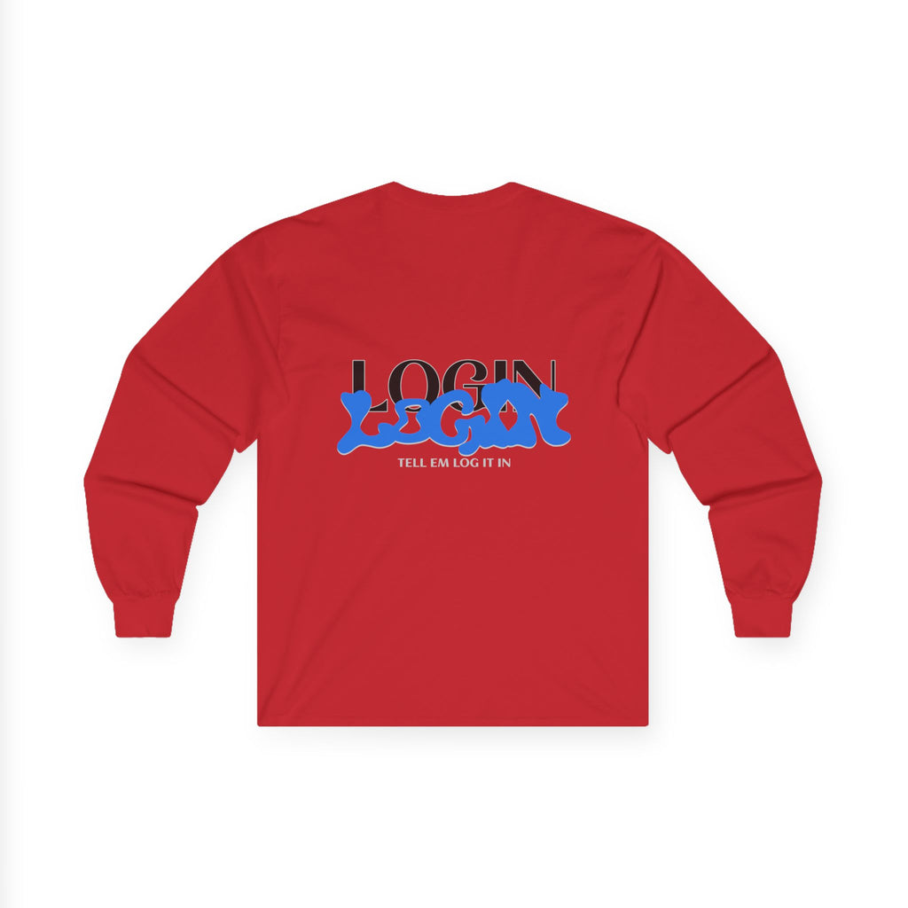 Long Sleeve Tee — "Login" Blue Script Graphic