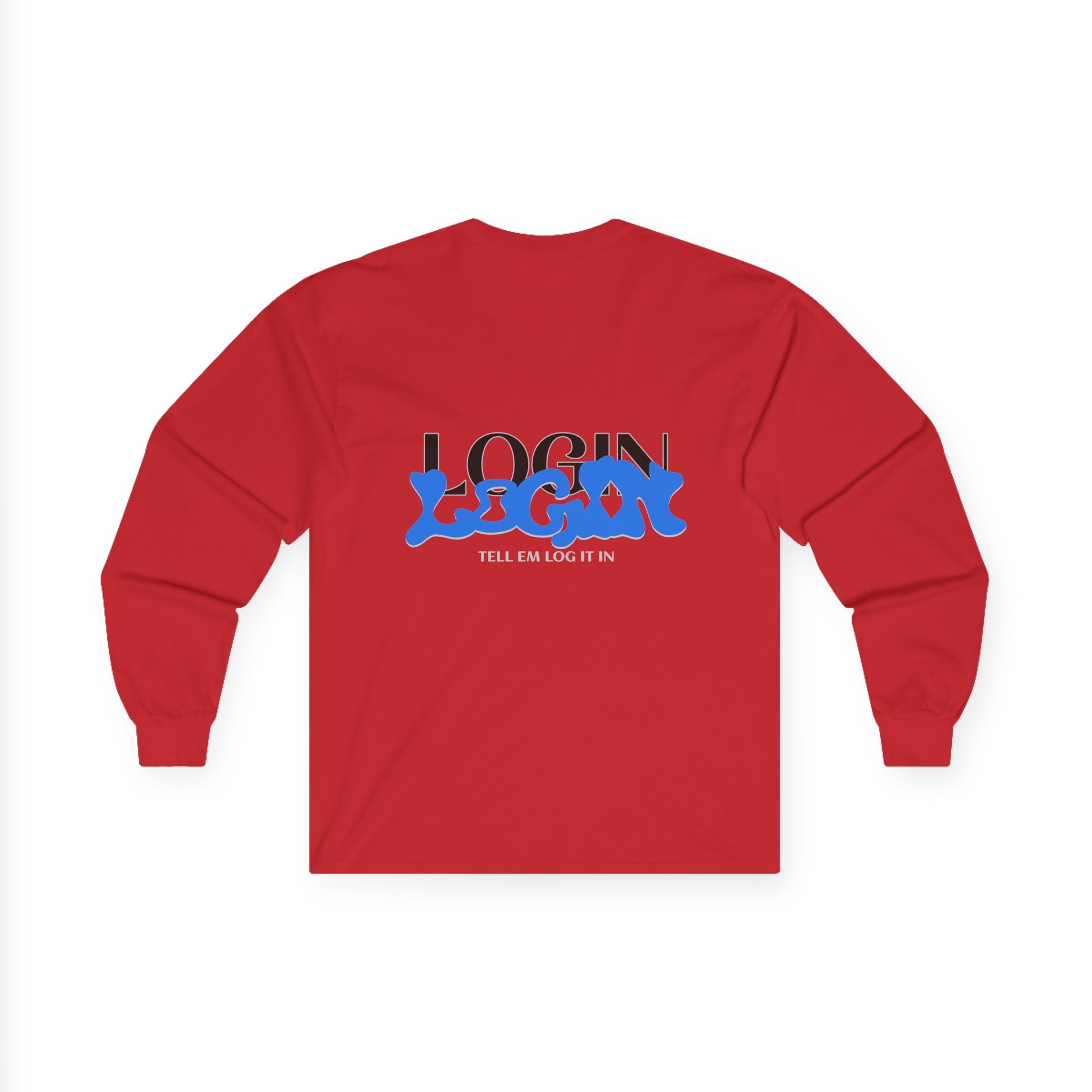 Long Sleeve Tee — "Login" Blue Script Graphic