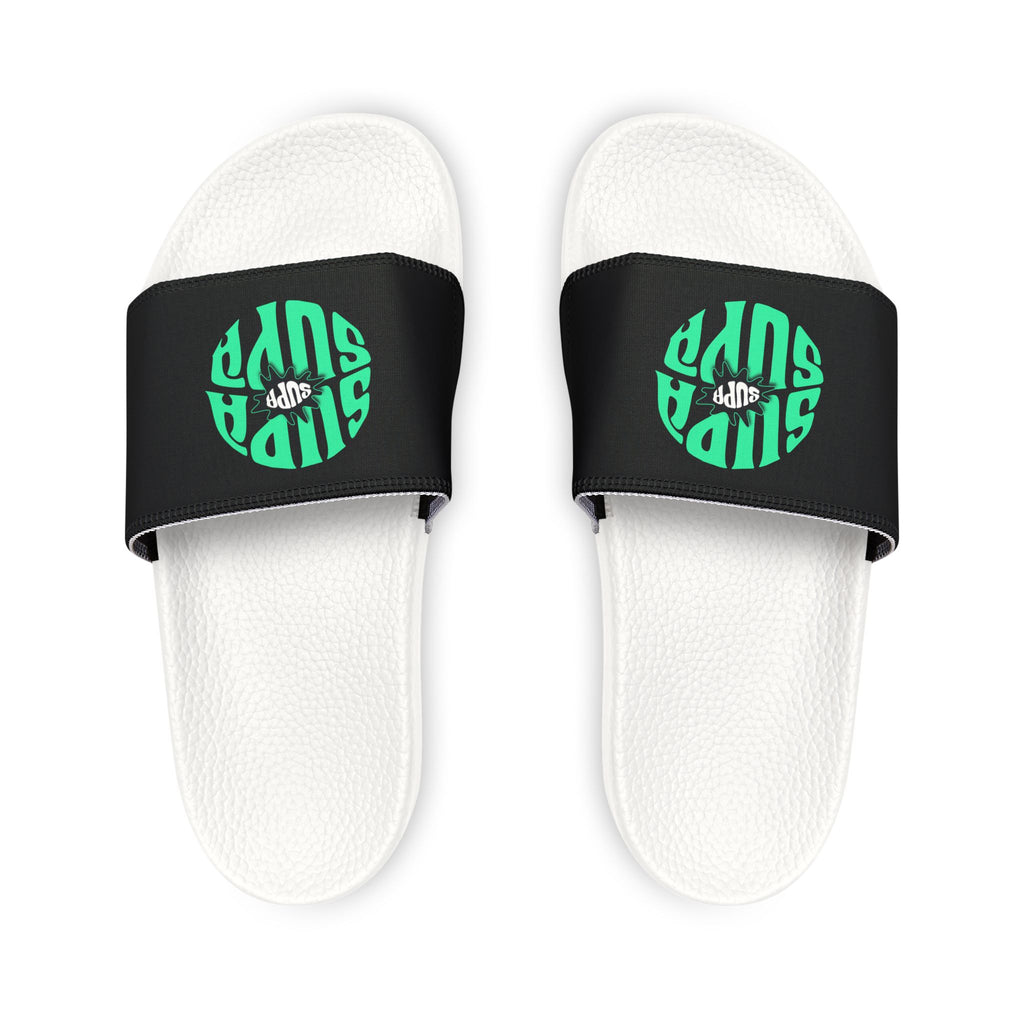 Slide Sandals — Supa Supa Removable‑Strap Slides with Aqua Circular 'Slides' Graphic