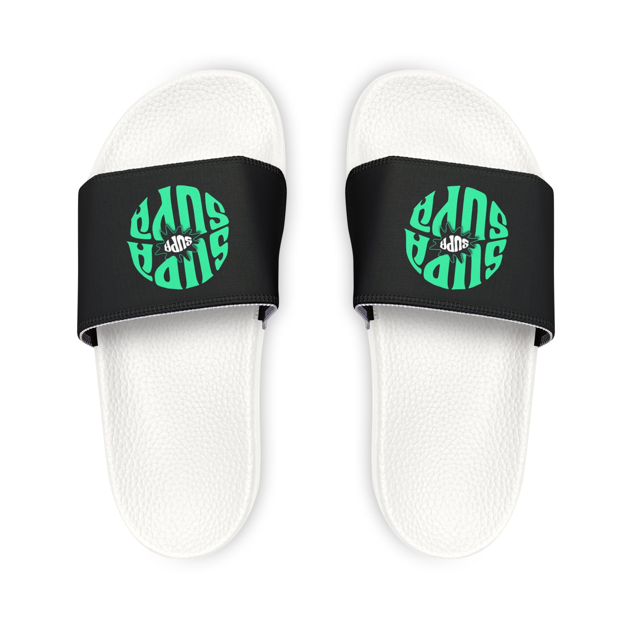 Slide Sandals — Supa Supa Removable‑Strap Slides with Aqua Circular 'Slides' Graphic