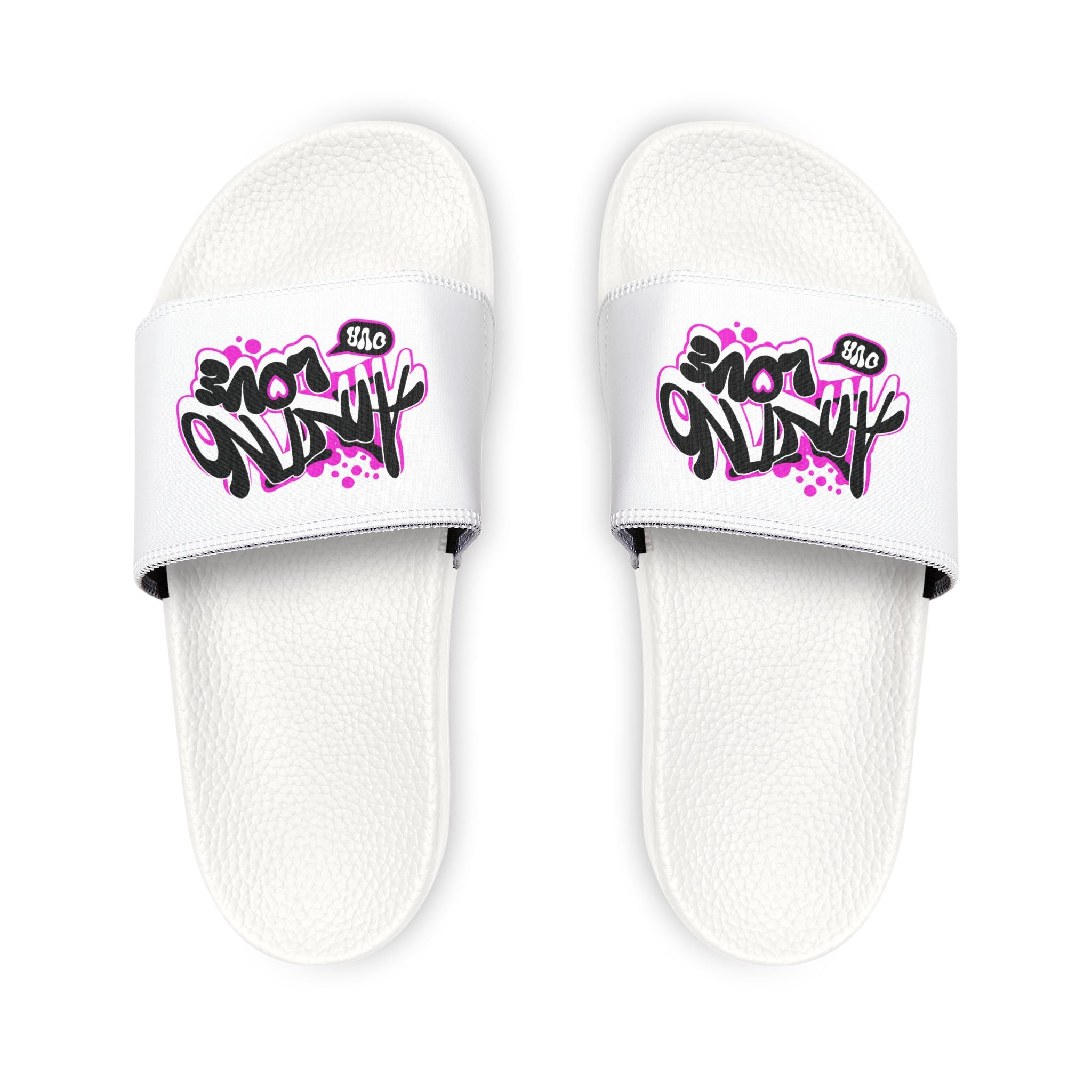 Men's White Slide Sandals with "NO LOVE" Graffiti "Ain't No Love" Design