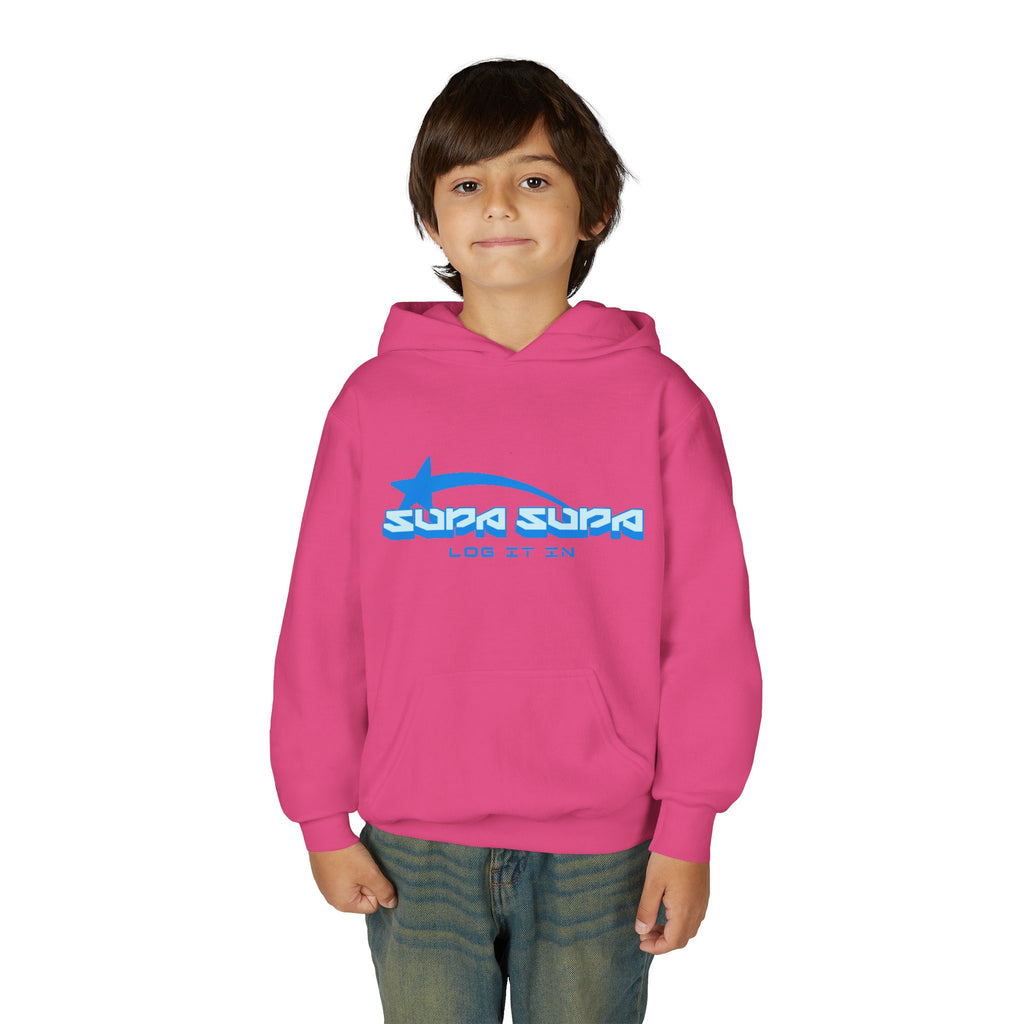 Youth Hoodie - Retro Blue "Supa Supa" Logo "Log It In" Graphic
