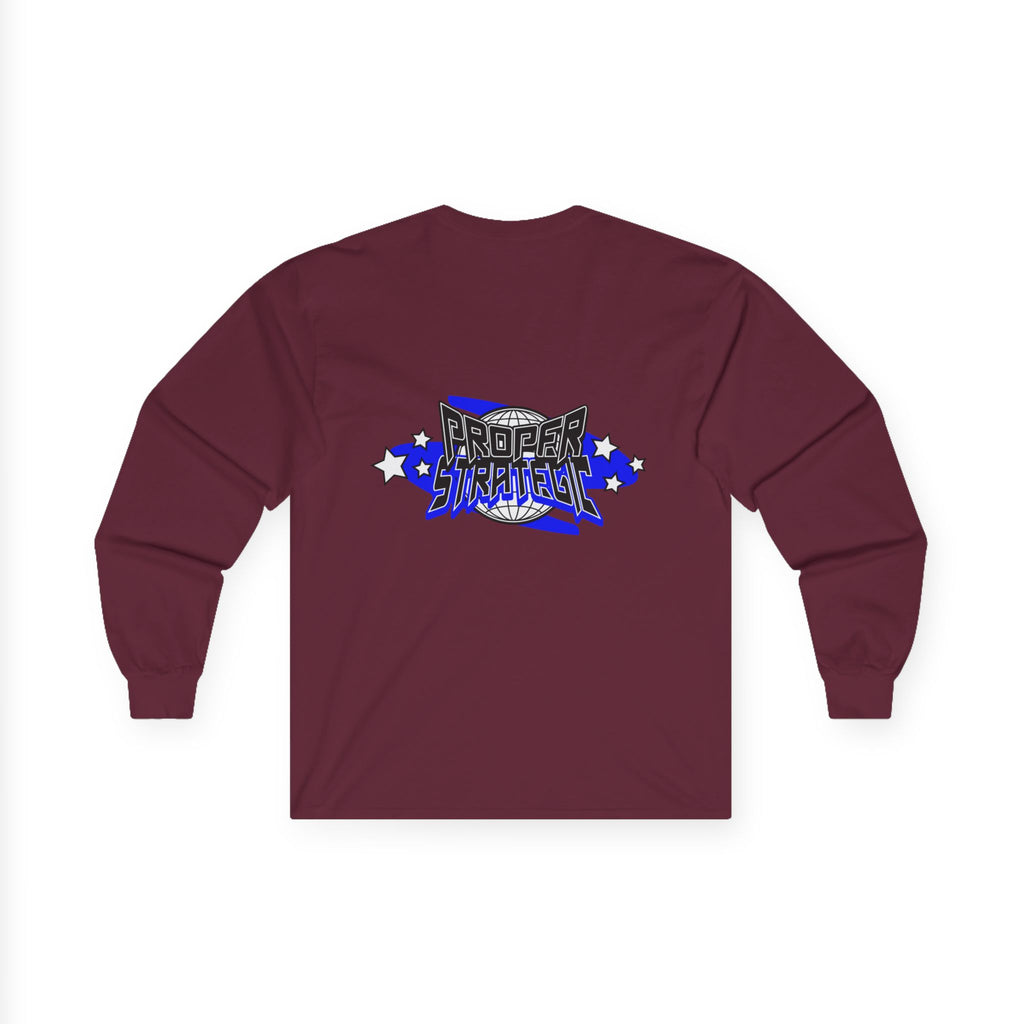 Proper Strategic Long Sleeve Tee — Retro Blue Graphic Shirt for Gamers & Strategists