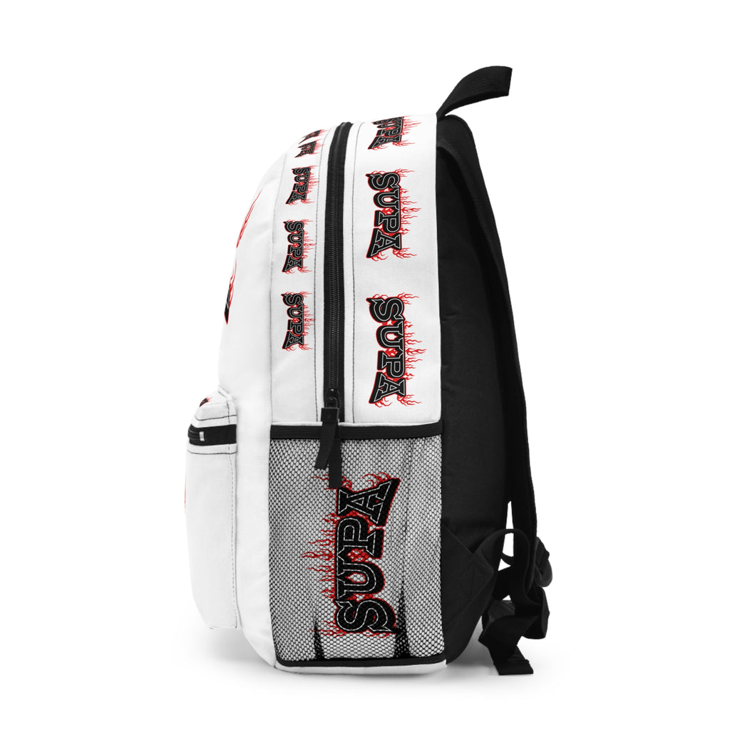 Supa Flame Graphic Backpack – White Streetwear Pack with 'SUPA' Flame Logo