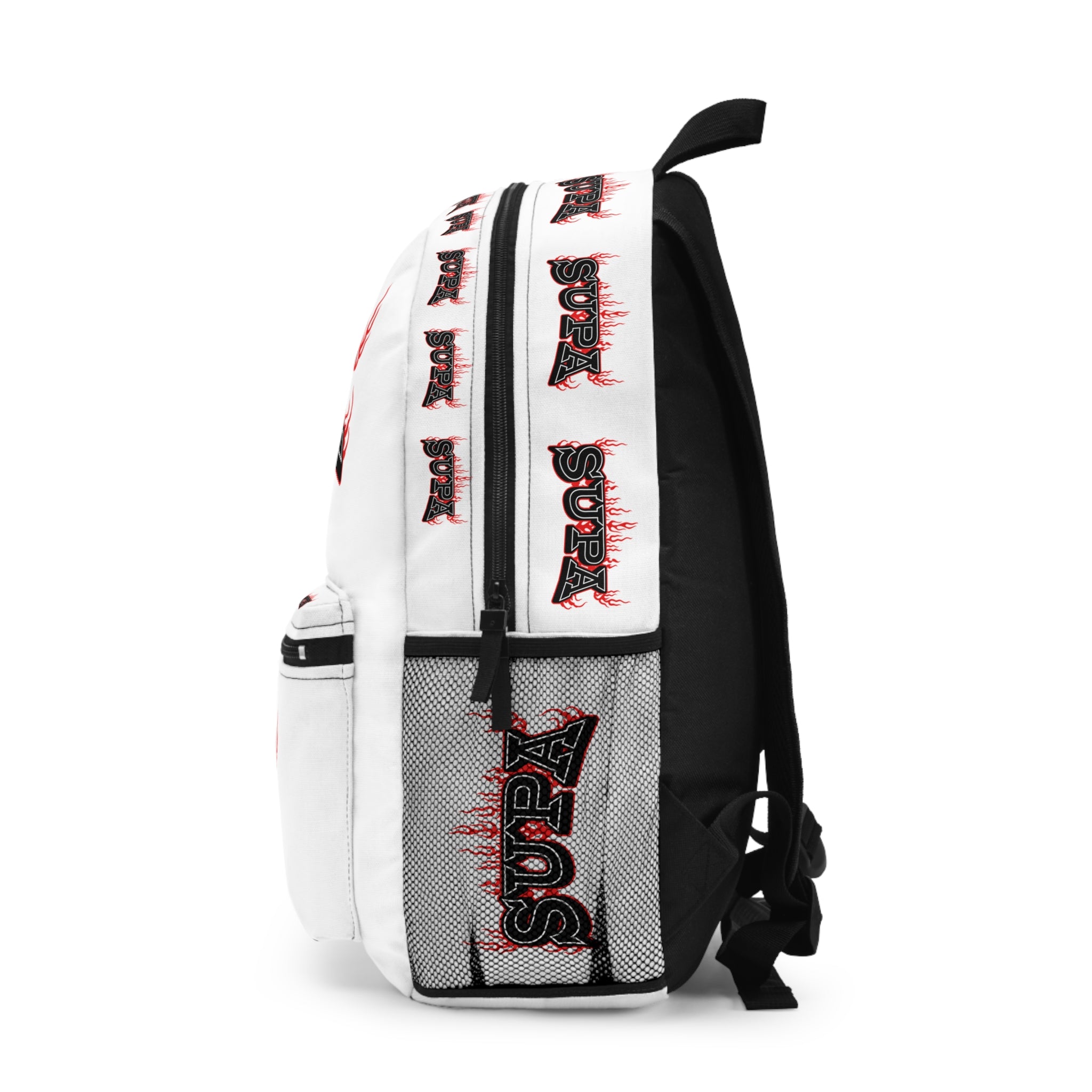 Supa Flame Graphic Backpack – White Streetwear Pack with 'SUPA' Flame Logo