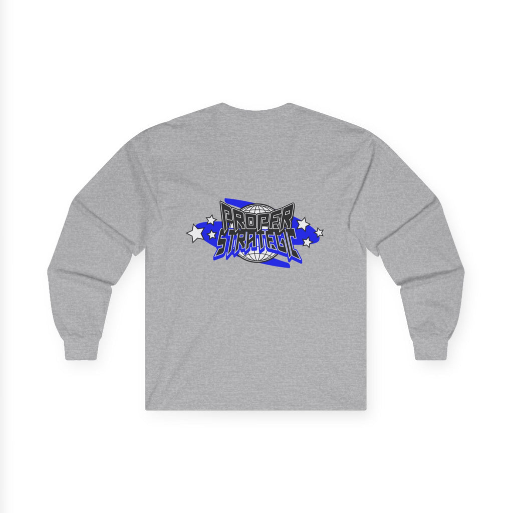 Proper Strategic Long Sleeve Tee — Retro Blue Graphic Shirt for Gamers & Strategists