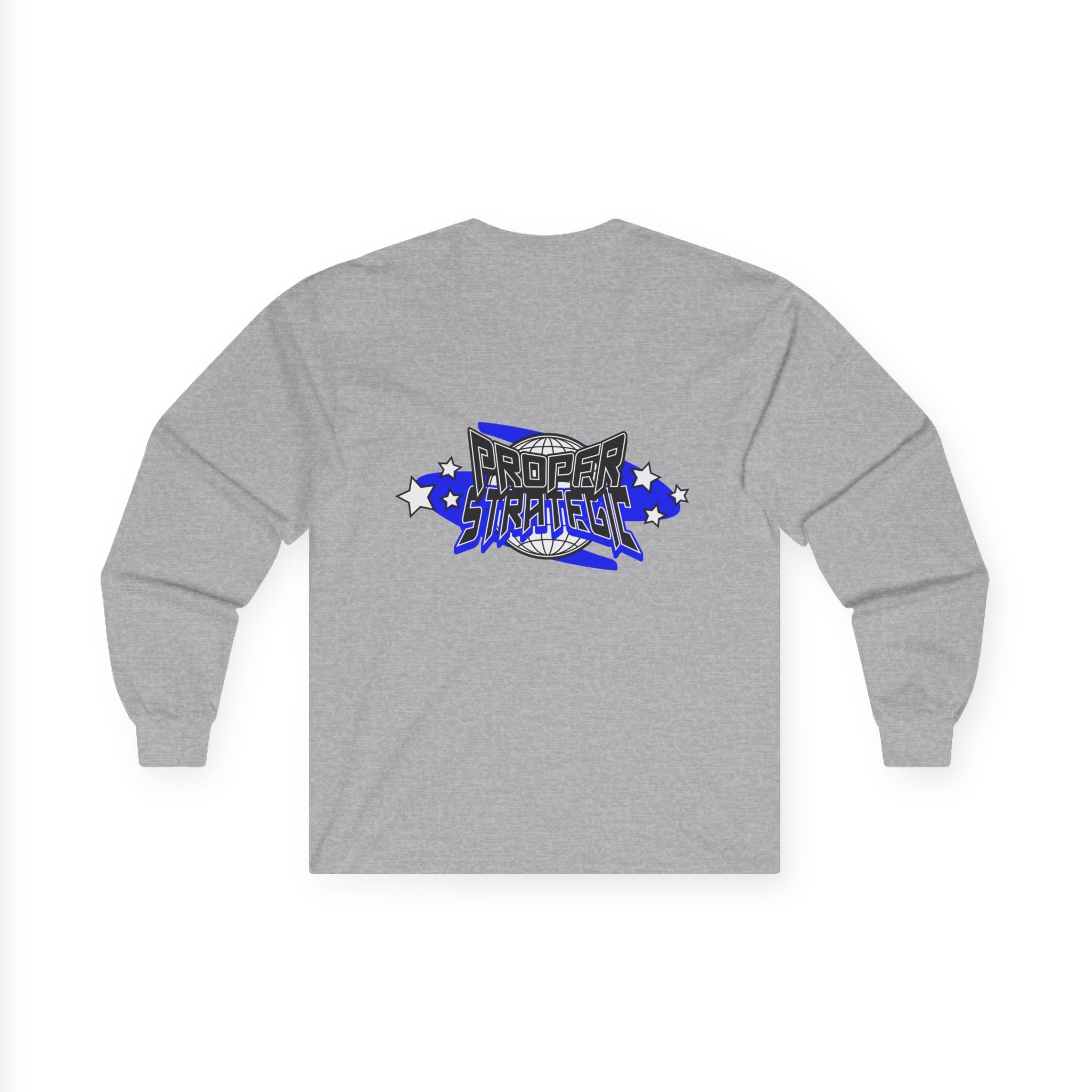 Proper Strategic Long Sleeve Tee — Retro Blue Graphic Shirt for Gamers & Strategists