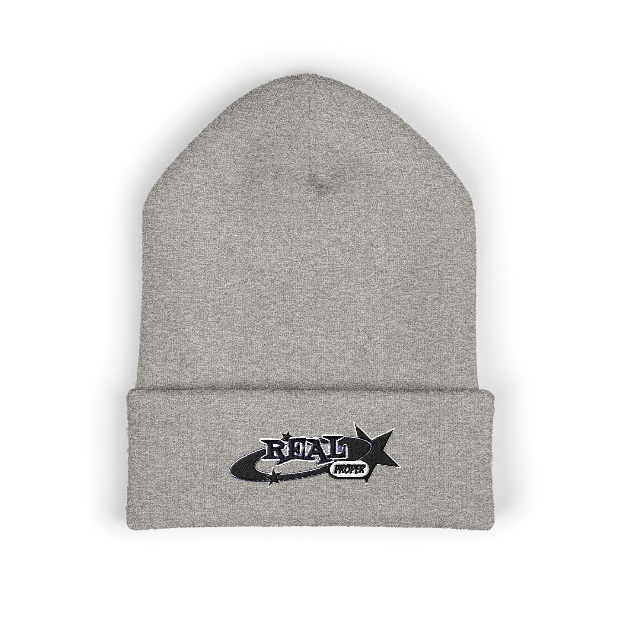 Embroidered 'Real Properl' Star Cuffed Beanie — Classic Winter Knit Hat