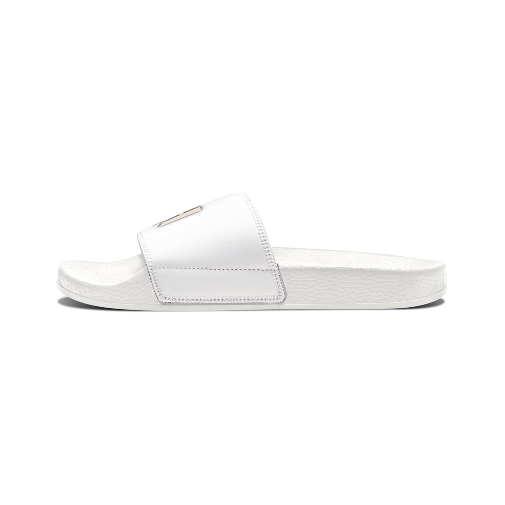 Women’s Slide Sandals — Removable-Strap White Slides with 'Log it out' Badge Accent