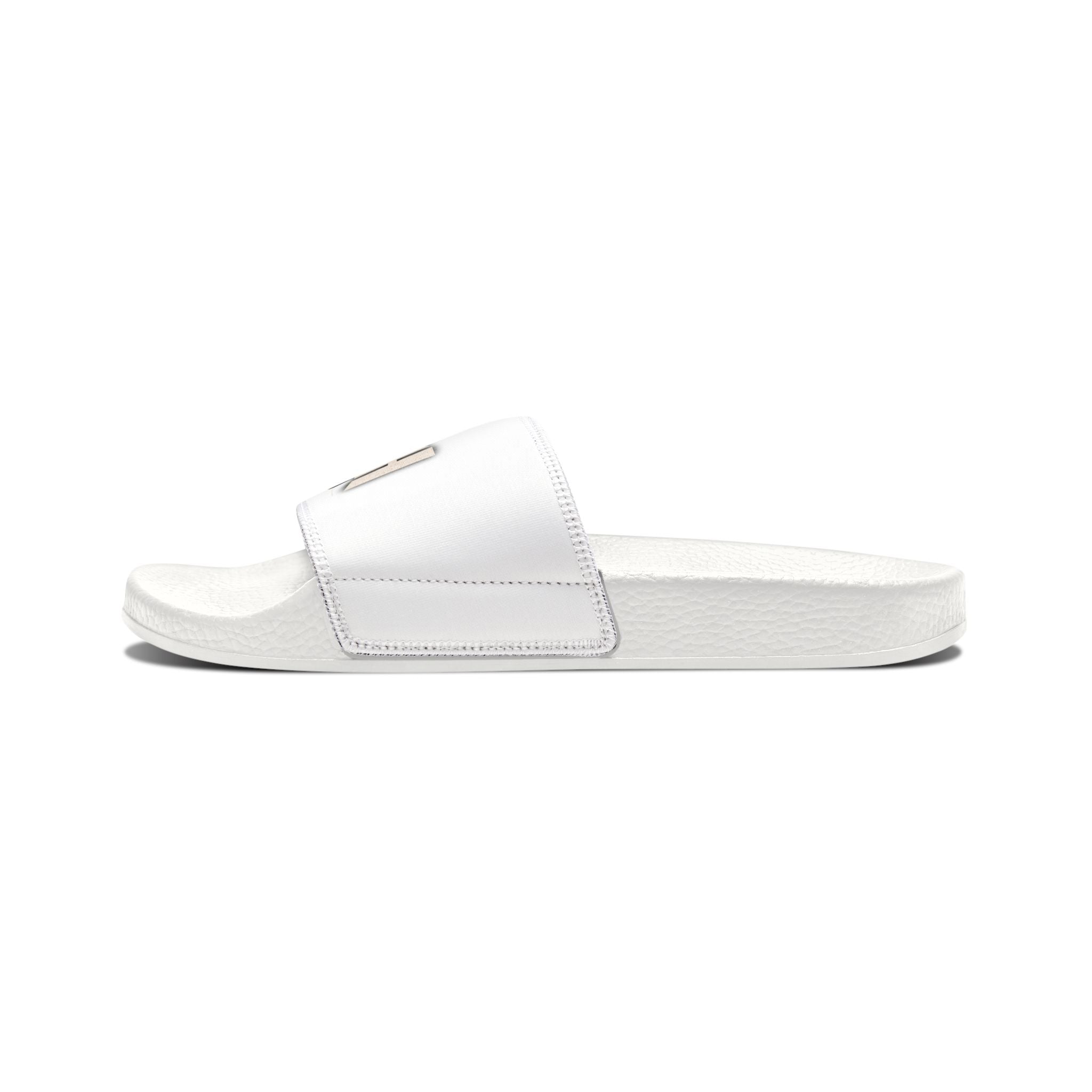 Women’s Slide Sandals — Removable-Strap White Slides with 'Log it out' Badge Accent