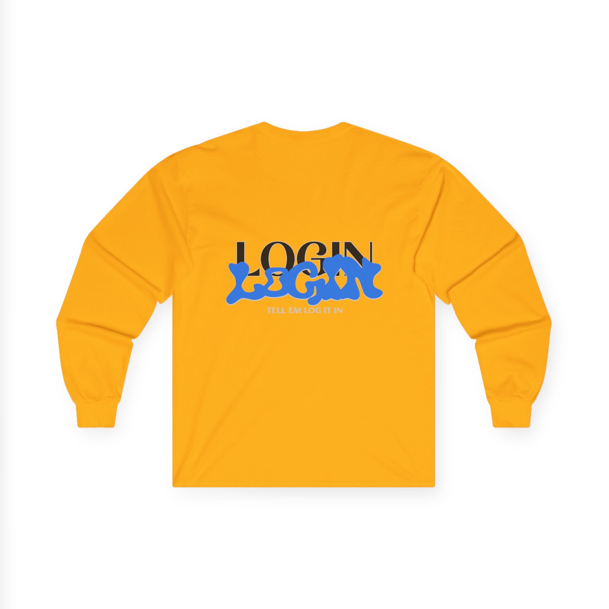 Long Sleeve Tee — "Login" Blue Script Graphic