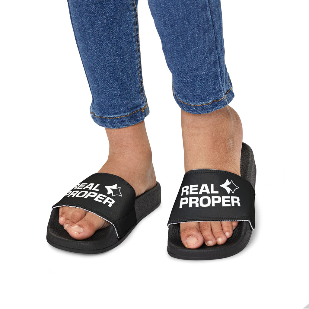 Youth Slide Sandals — "REAL PROPER" Adjustable-Strap Pool & Casual Slides