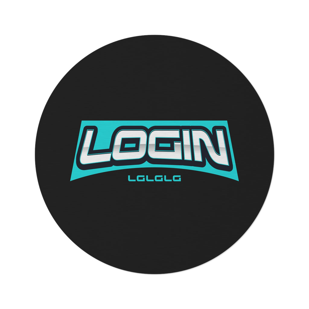 Round Rug — 'LOGIN' Gamer Logo Round Floor Mat, Teal & Black Gaming Room Accent
