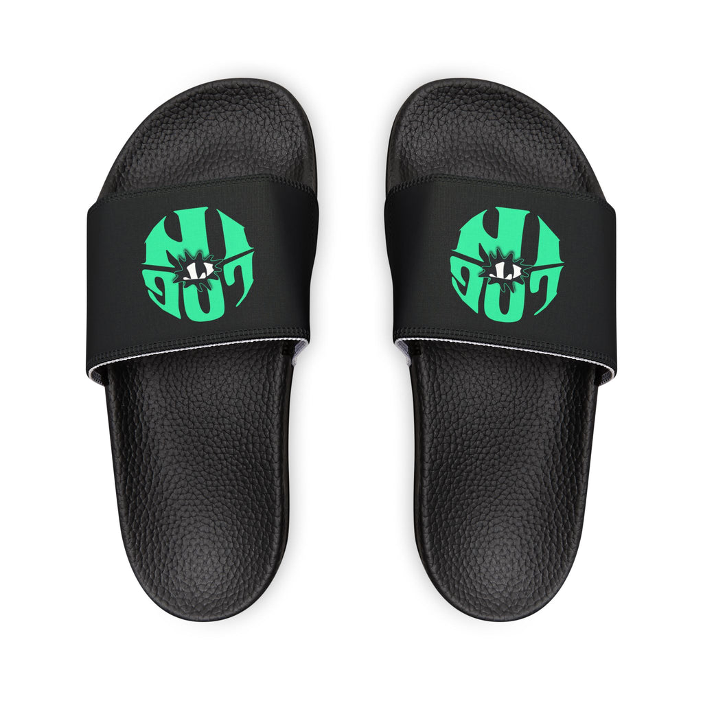 Slide Sandals — Women's White Removable-Strap Slides with Aqua Log it in