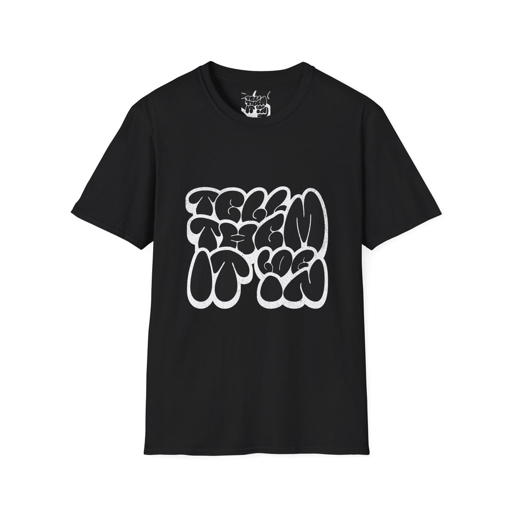 Abstract Bubble Letter Graphic "LOG IT IN" T-Shirt — Vintage Black Text Design