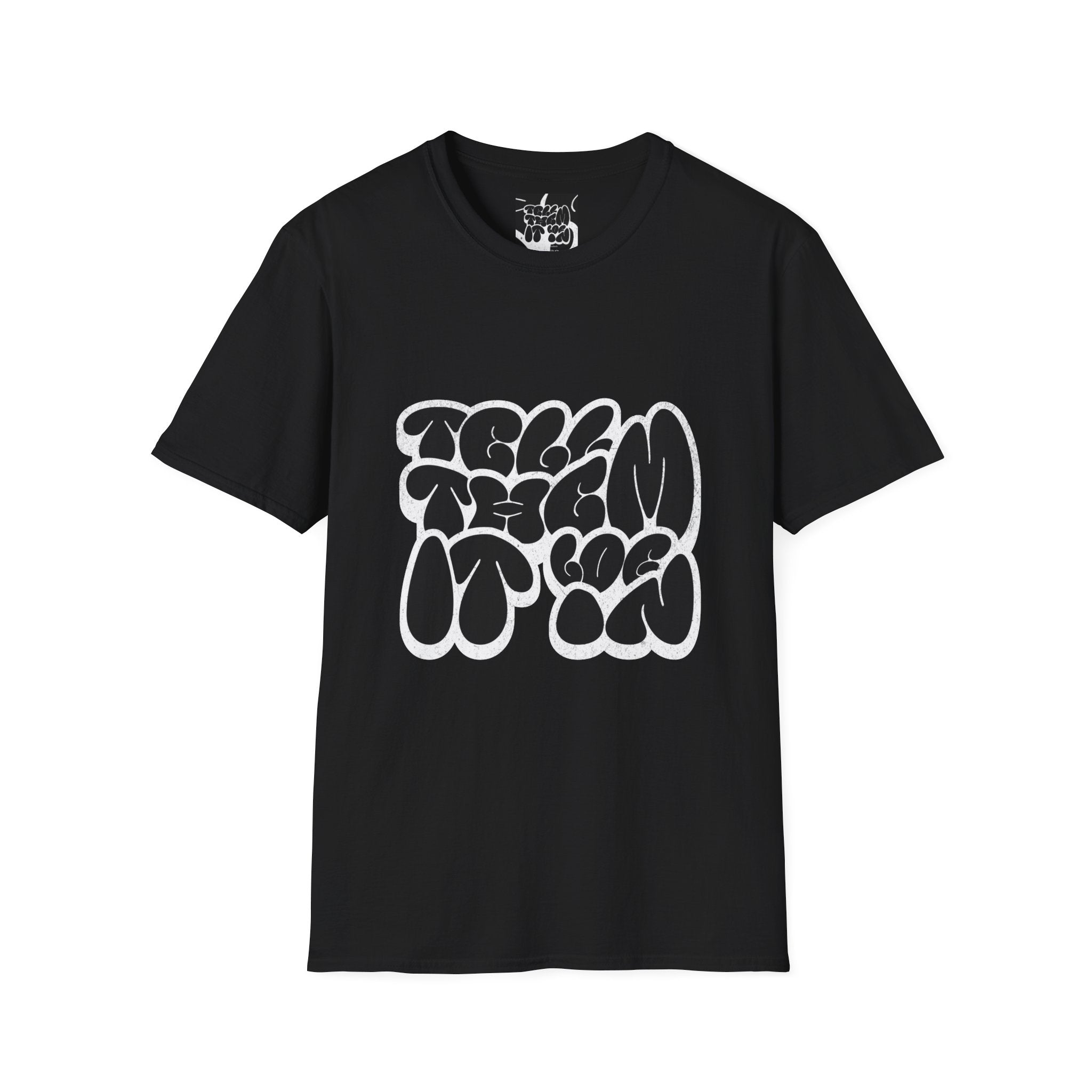 Abstract Bubble Letter Graphic "LOG IT IN" T-Shirt — Vintage Black Text Design