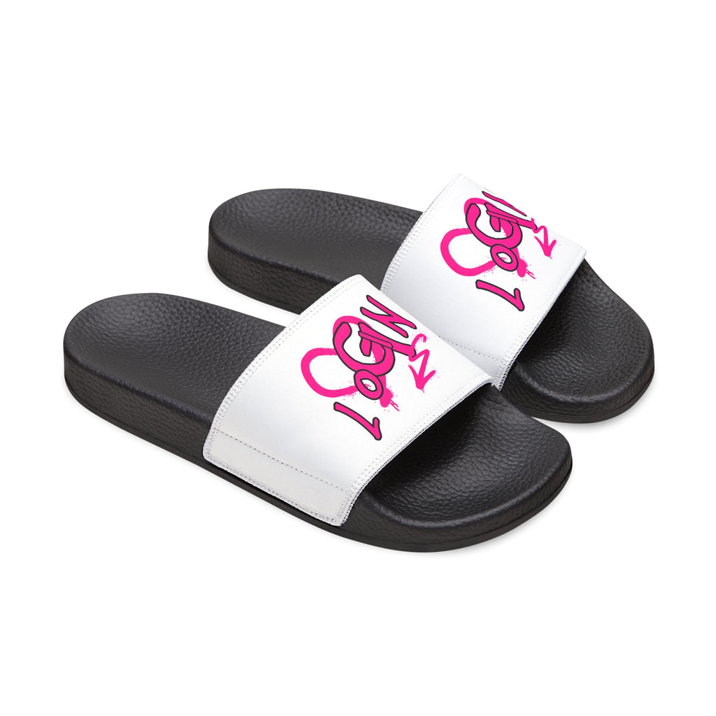 Women's Slide Sandals — White Removable-Strap Slides with Pink Graffiti "LOGIN" Design