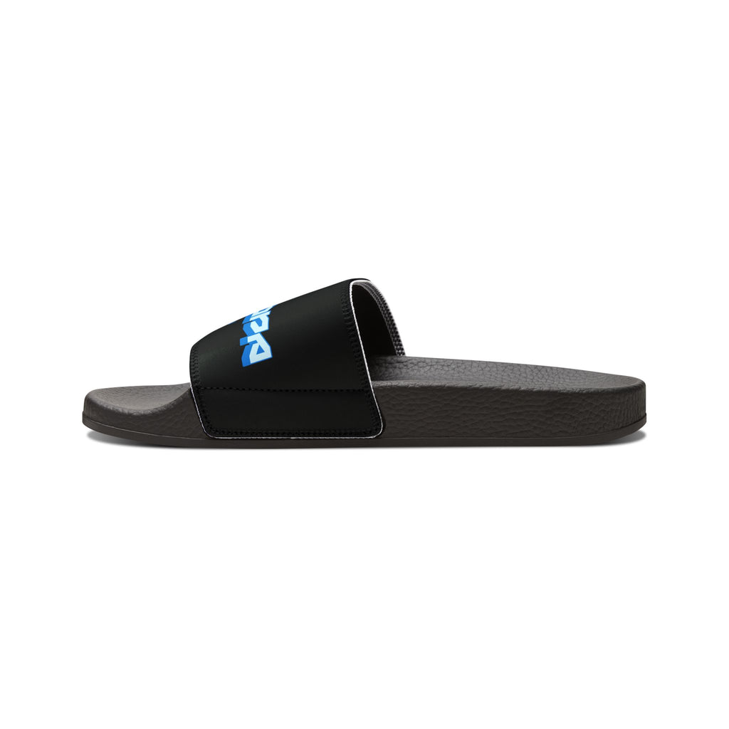 Youth Slide Sandals — Black Strap with Blue “SUPA SUPA” Logo