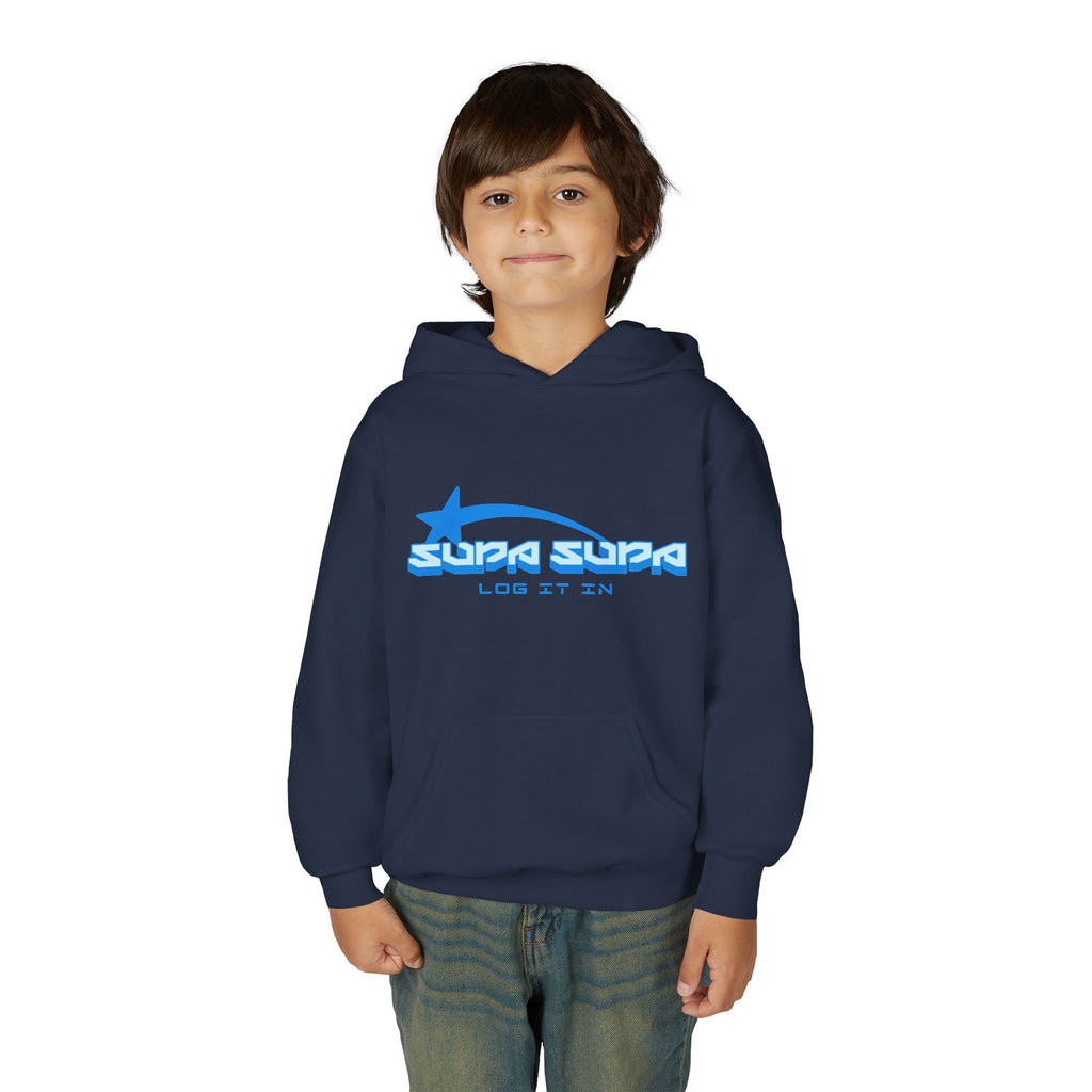 Youth Hoodie - Retro Blue "Supa Supa" Logo "Log It In" Graphic