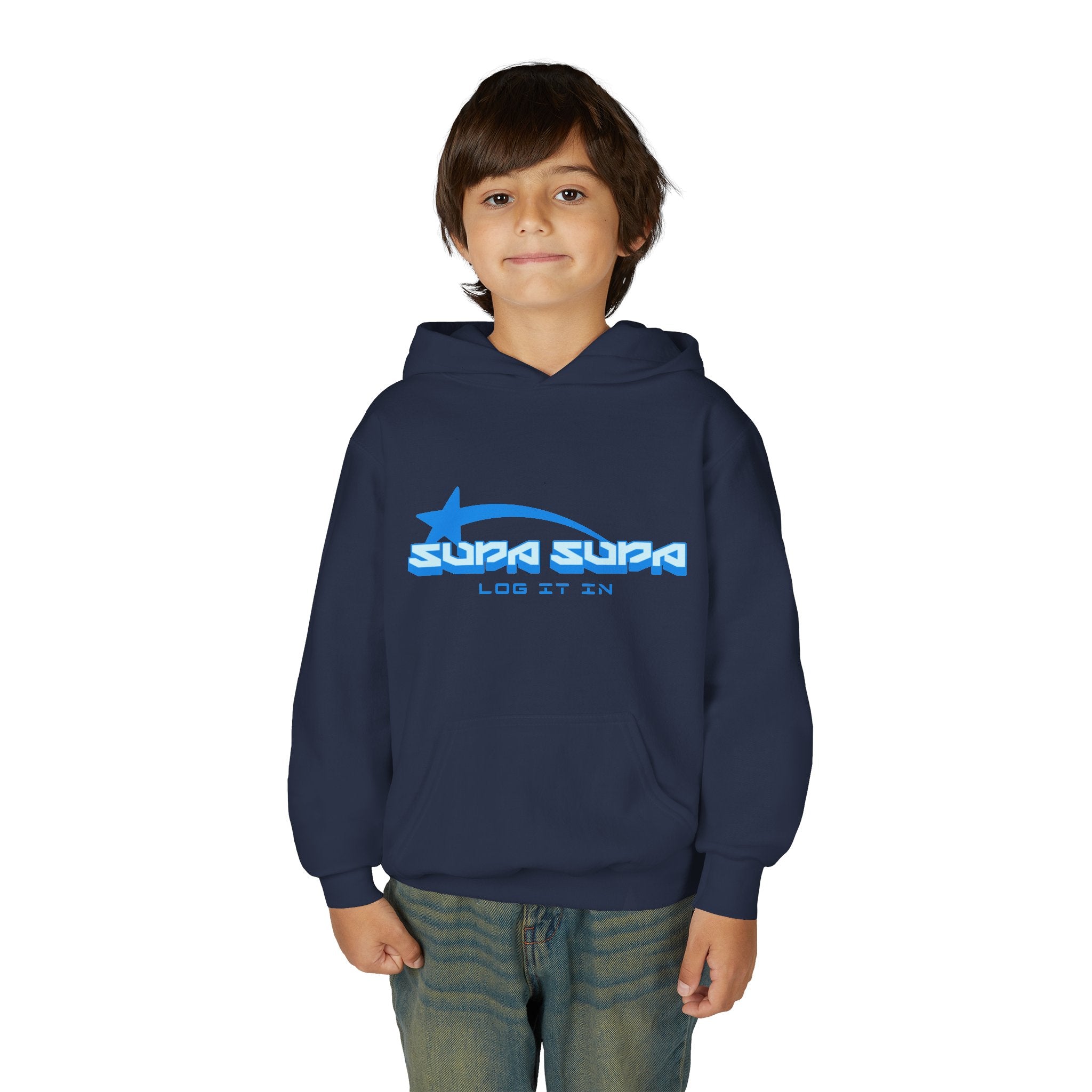 Youth Hoodie - Retro Blue "Supa Supa" Logo "Log It In" Graphic