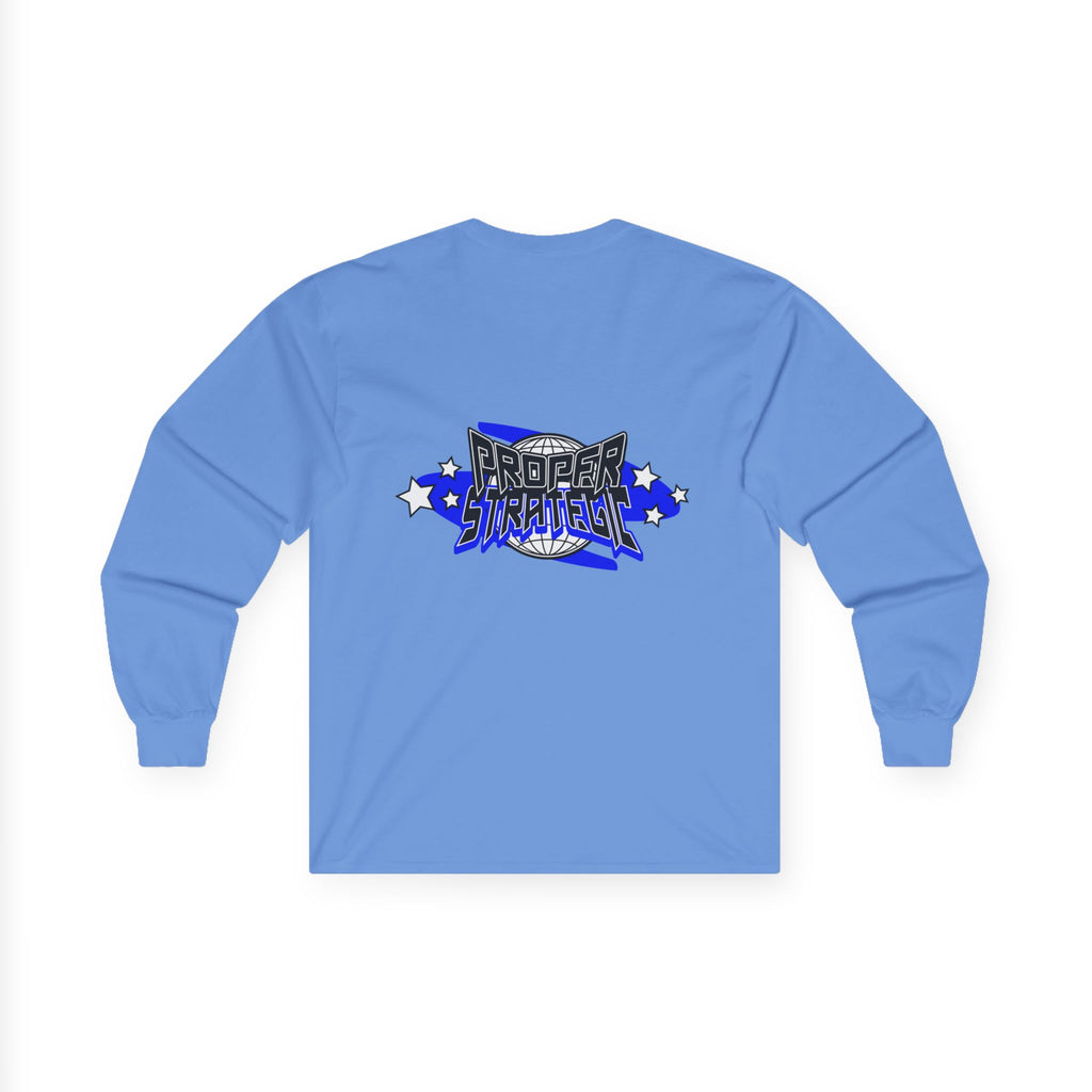 Proper Strategic Long Sleeve Tee — Retro Blue Graphic Shirt for Gamers & Strategists