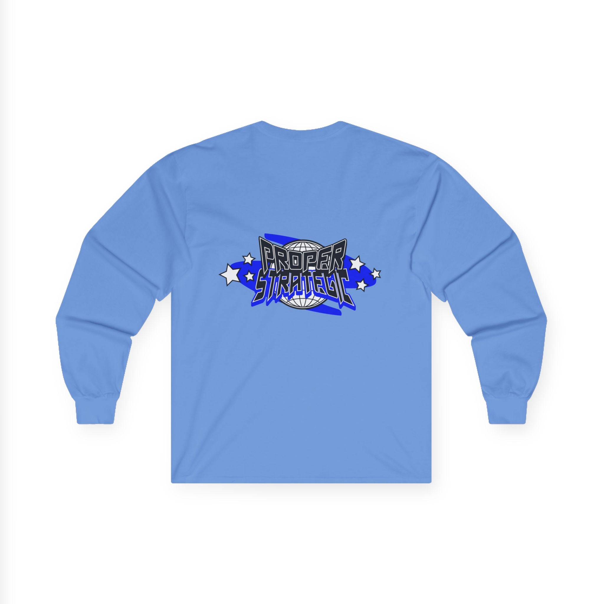 Proper Strategic Long Sleeve Tee — Retro Blue Graphic Shirt for Gamers & Strategists